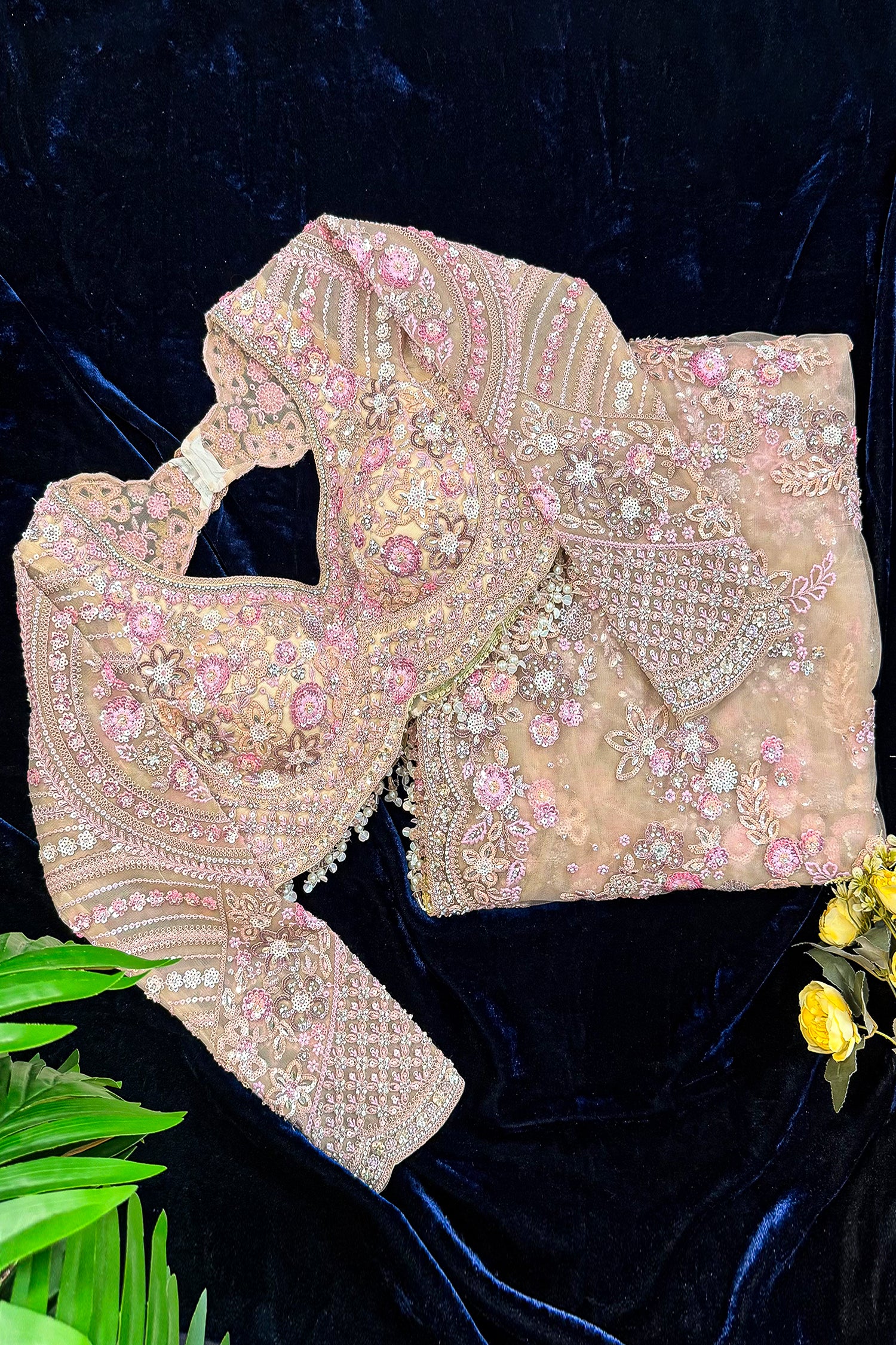 Nude Beige Net Sequin Embroidered Saree with Full Sleeve Readymade Blouse - Image 3