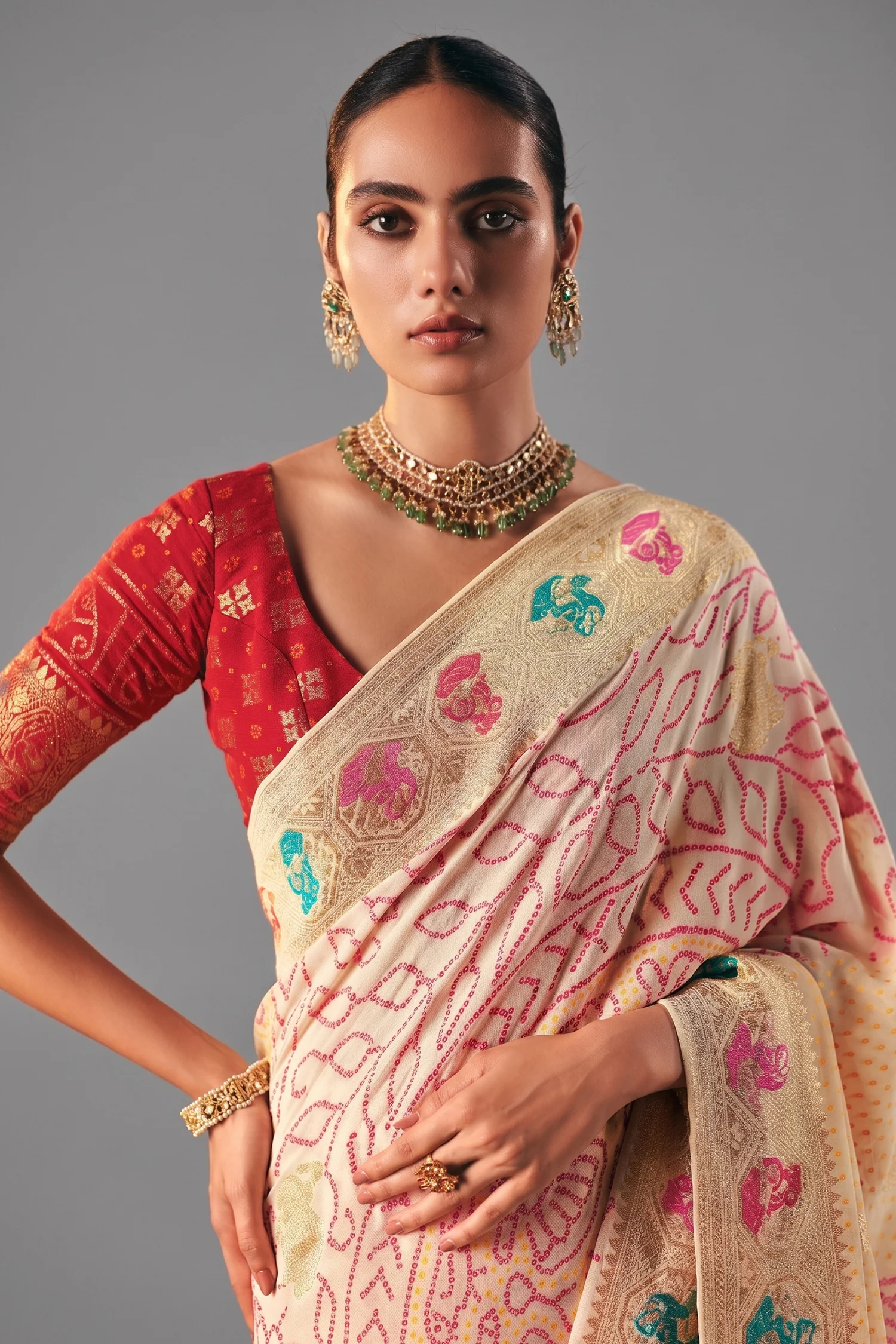Off White Georgette Traditional Bandhej Weaving Saree - Image 2