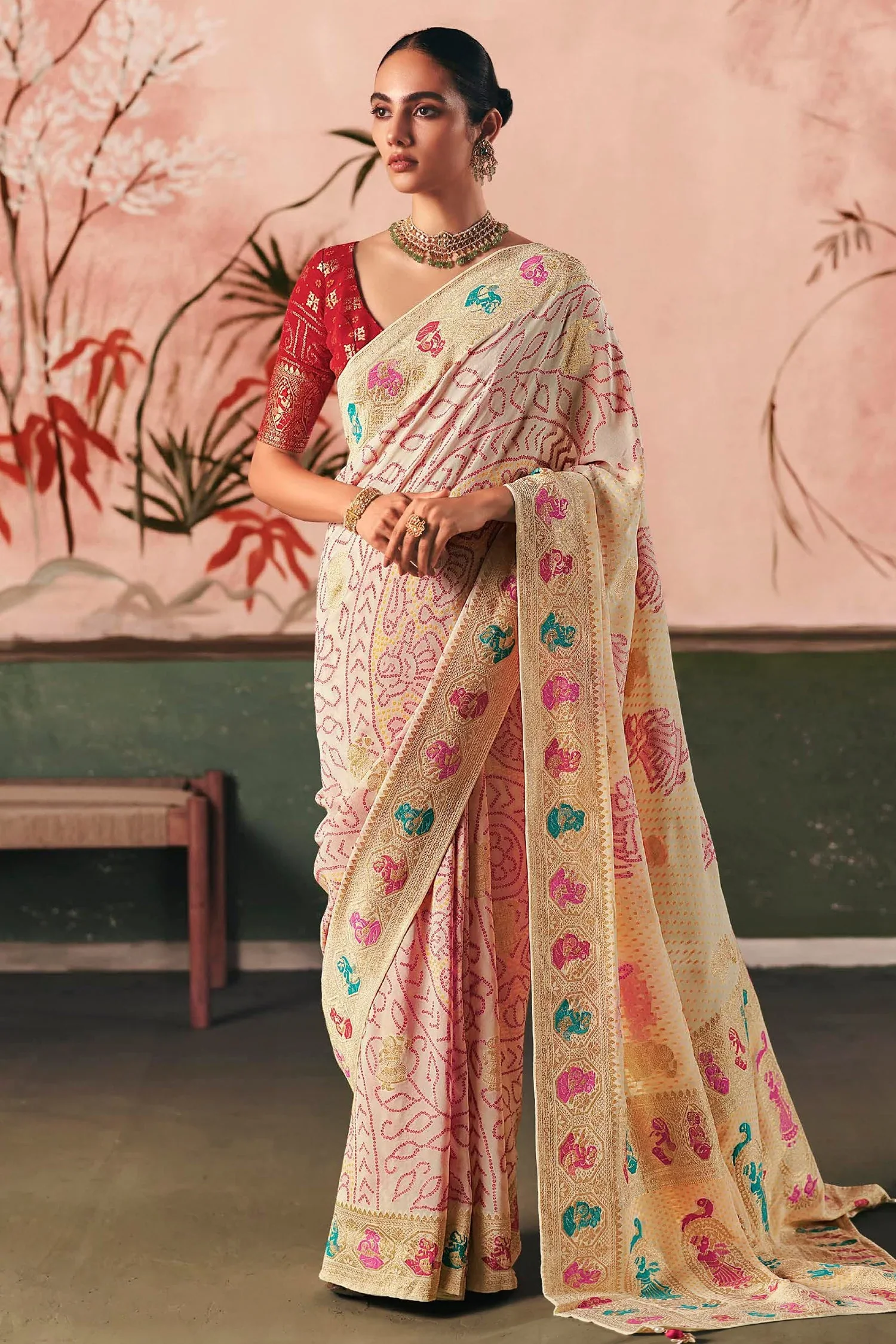 Off White Georgette Traditional Bandhej Weaving Saree - Image 3