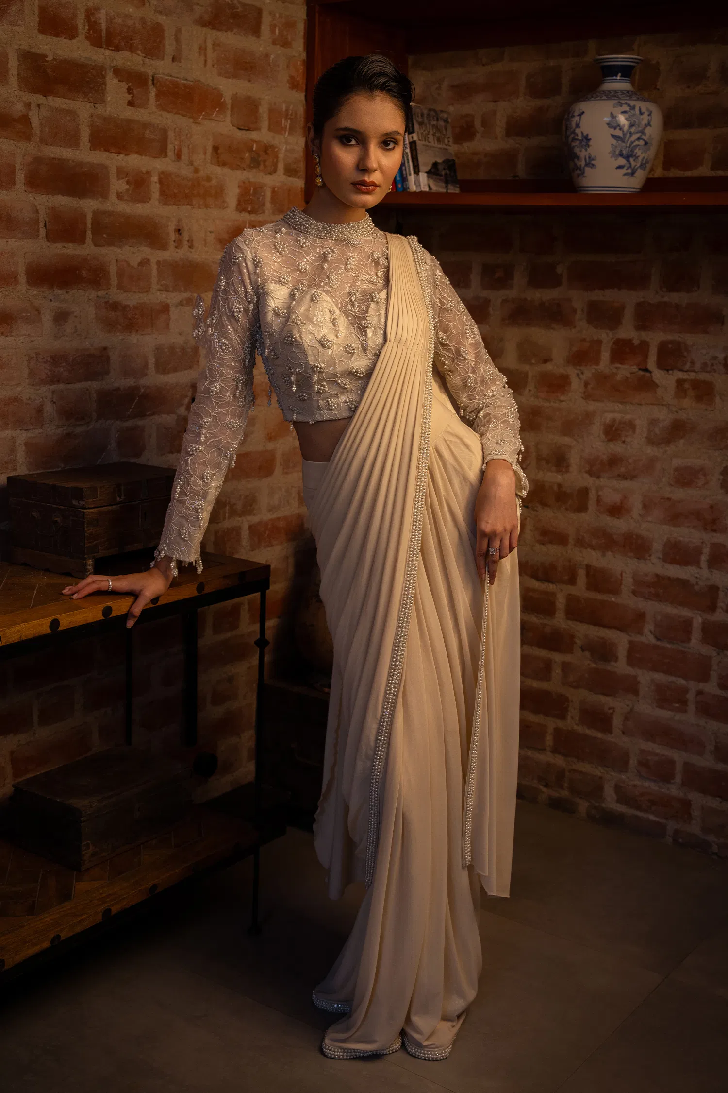 Off White Lycra Ready to Wear Saree with Embellished Beaded and Sequin Long Sleeve Crew Neck Blouse - Image 2