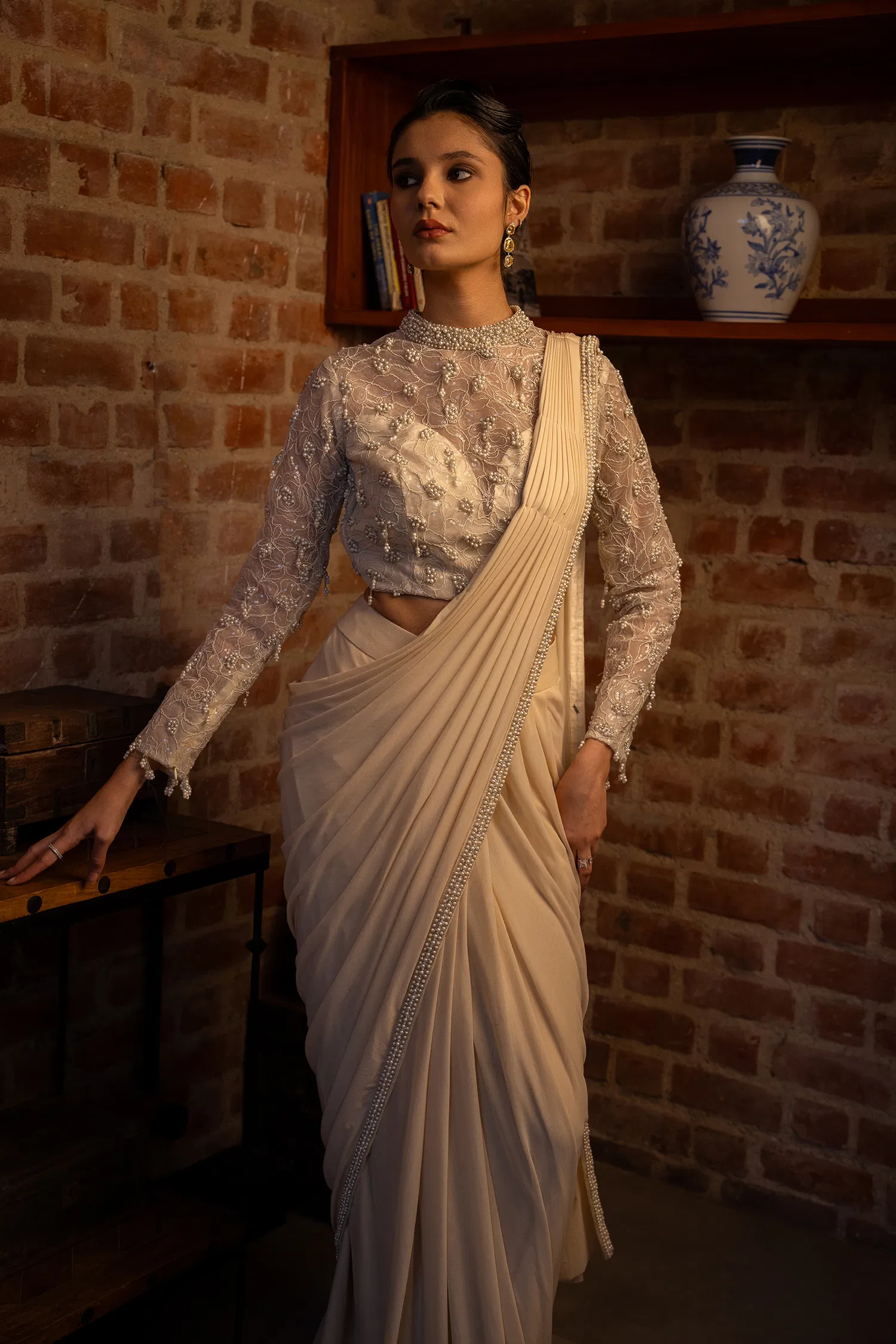 Off White Lycra Ready to Wear Saree with Embellished Beaded and Sequin Long Sleeve Crew Neck Blouse - Image 3