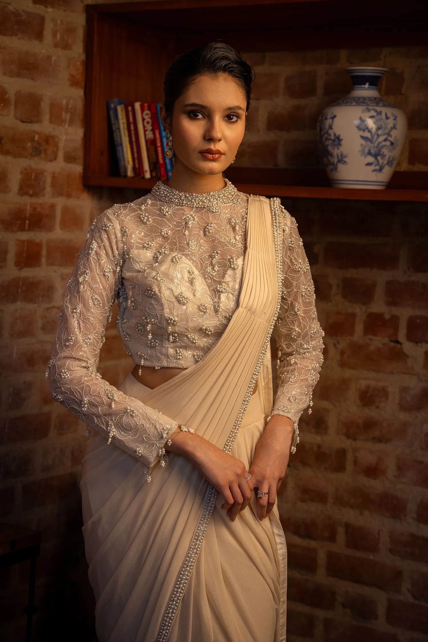 Off White Lycra Ready to Wear Saree with Embellished Beaded and Sequin Long Sleeve Crew Neck Blouse - Image 5
