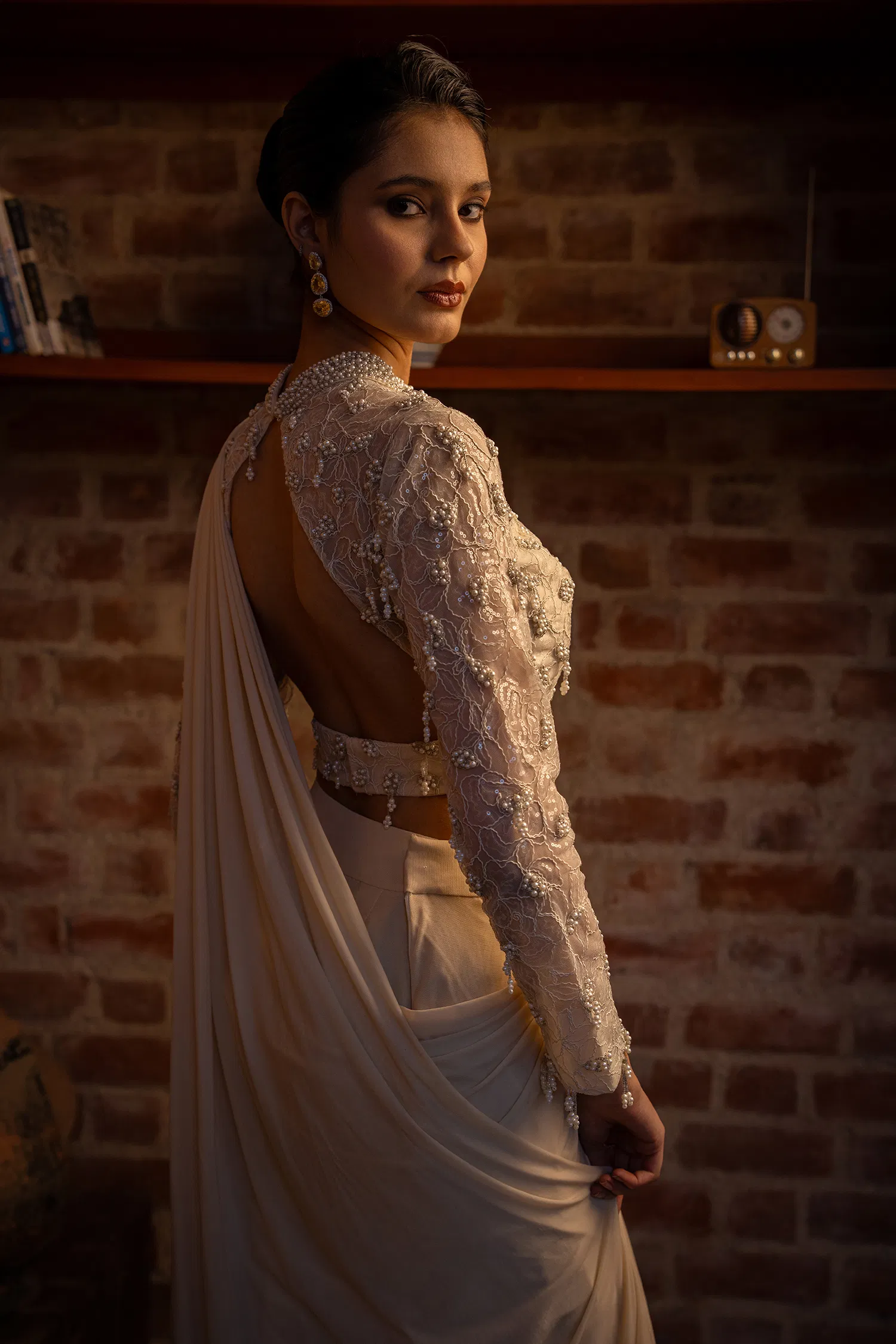Off White Lycra Ready to Wear Saree with Embellished Beaded and Sequin Long Sleeve Crew Neck Blouse - Image 6
