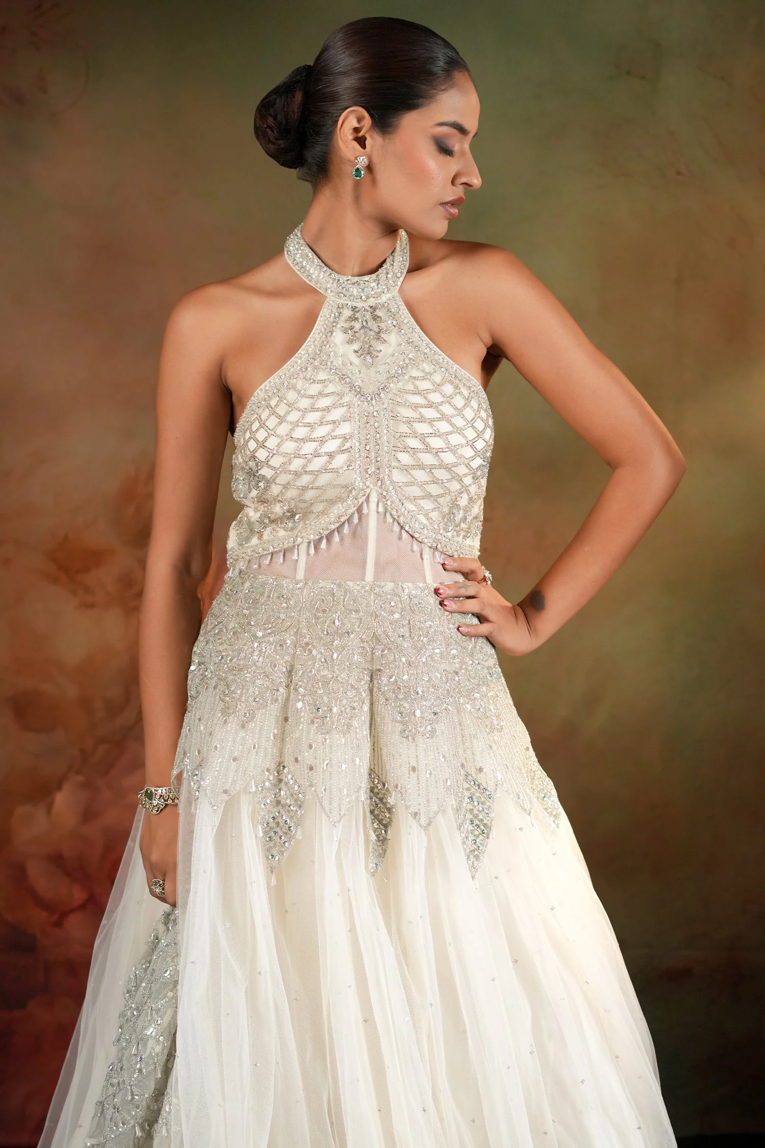 Off White Net Designer Halter Neck Anarkali Suit with Cape Jacket - Image 4