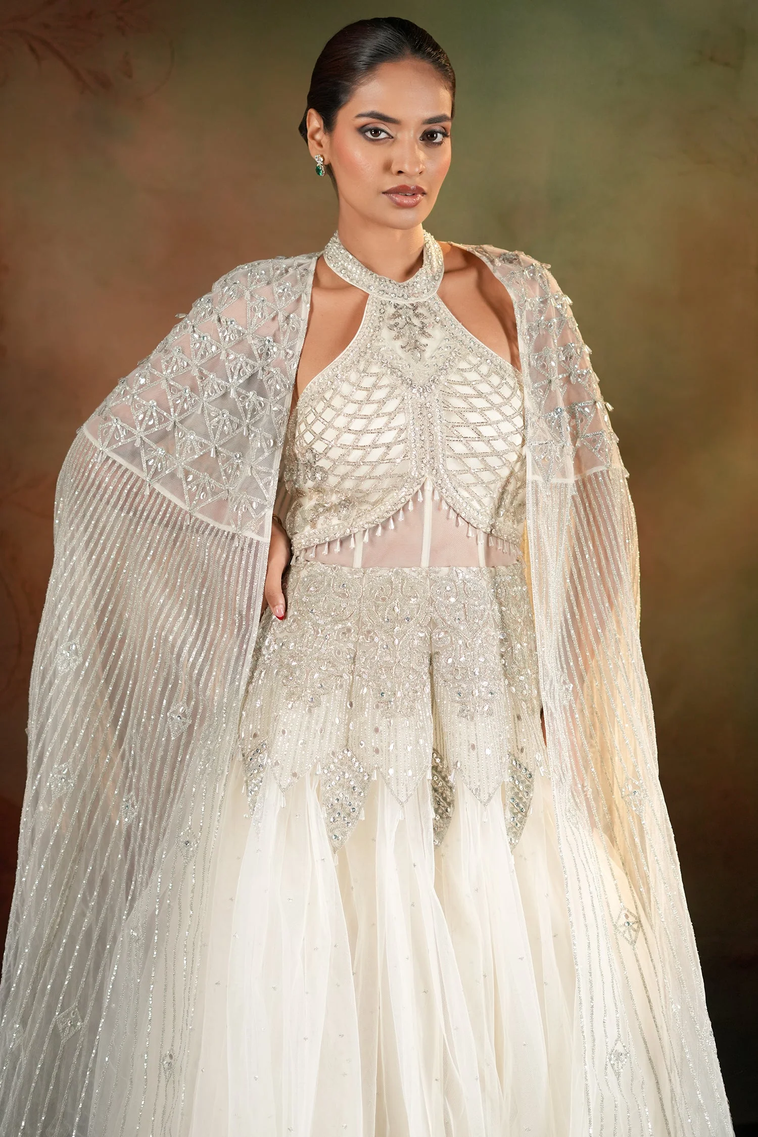 Off White Net Designer Halter Neck Anarkali Suit with Cape Jacket - Image 5