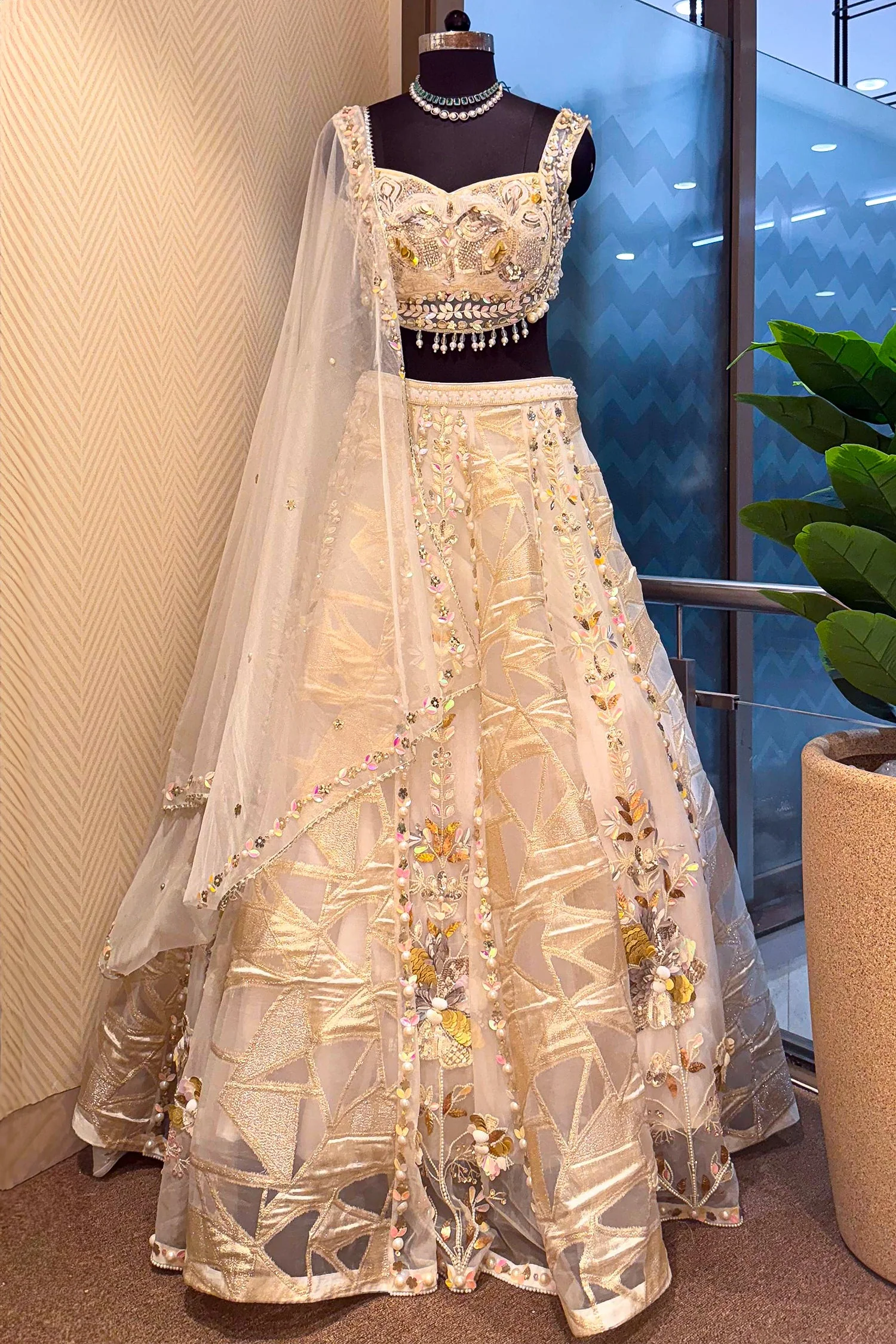 Off White Organza Designer Lehenga with Beads and Applique Work - Image 3