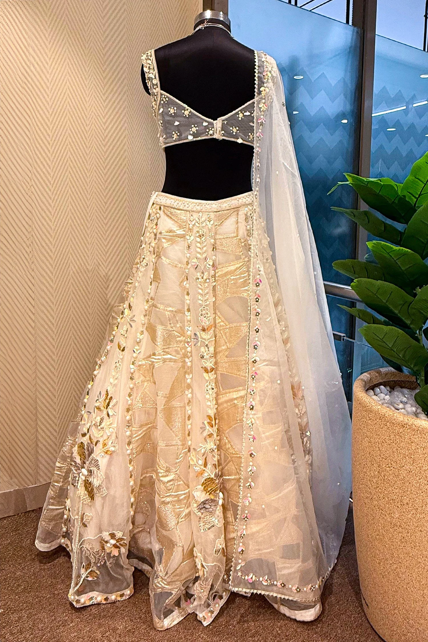 Off White Organza Designer Lehenga with Beads and Applique Work - Image 4