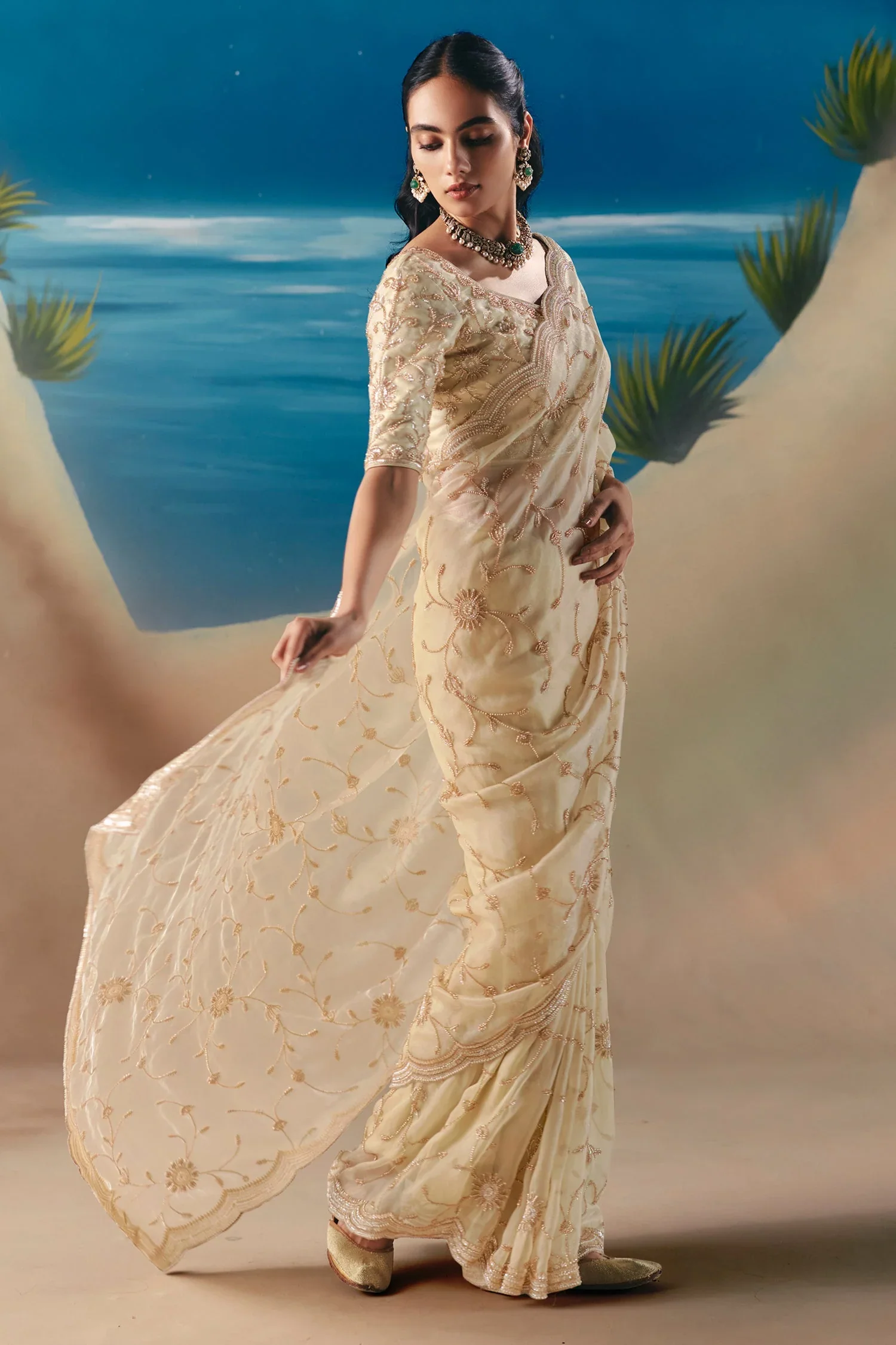 Off White Organza Tissue Saree with Sequin Beaded Motif - Image 2