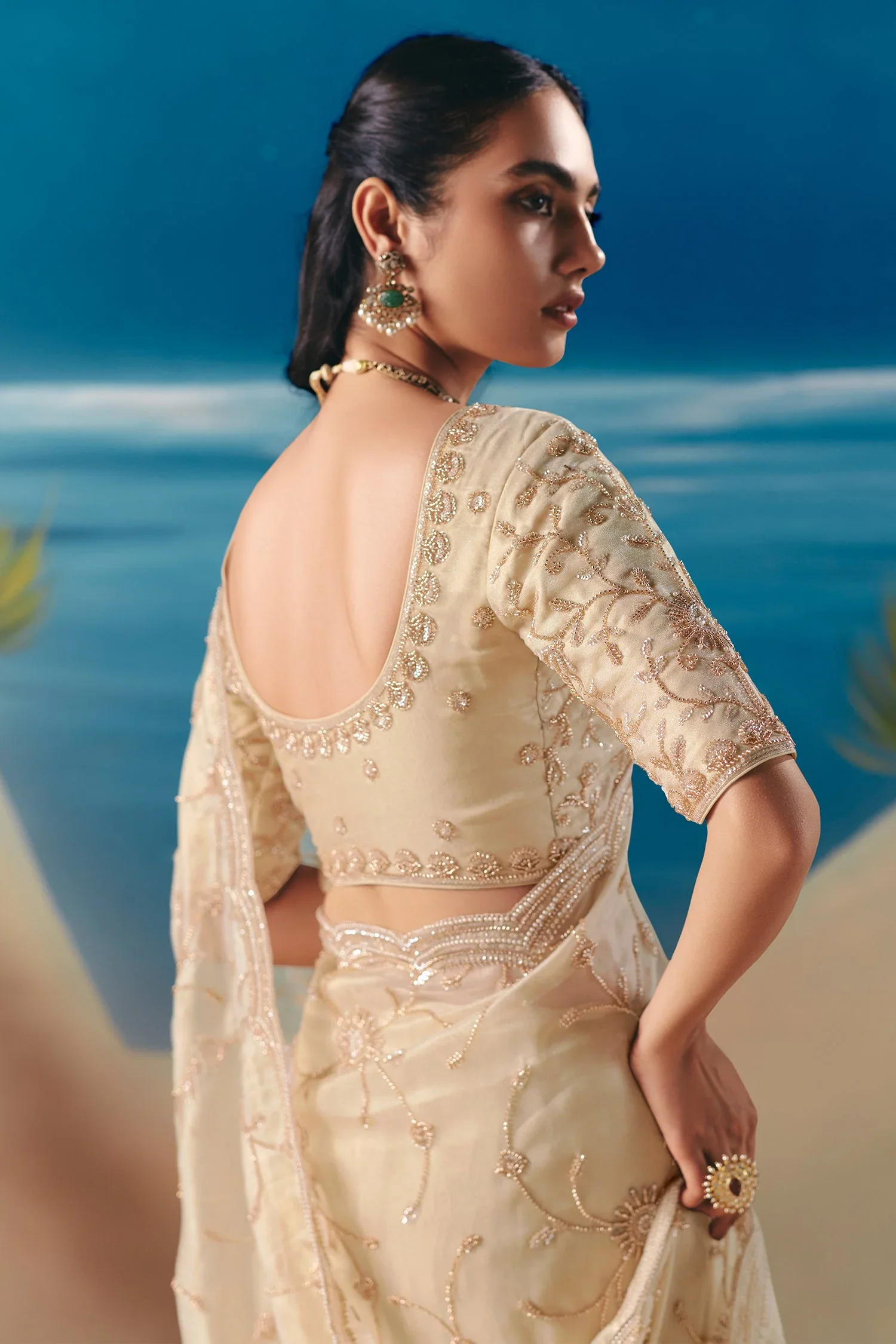 Off White Organza Tissue Saree with Sequin Beaded Motif - Image 3