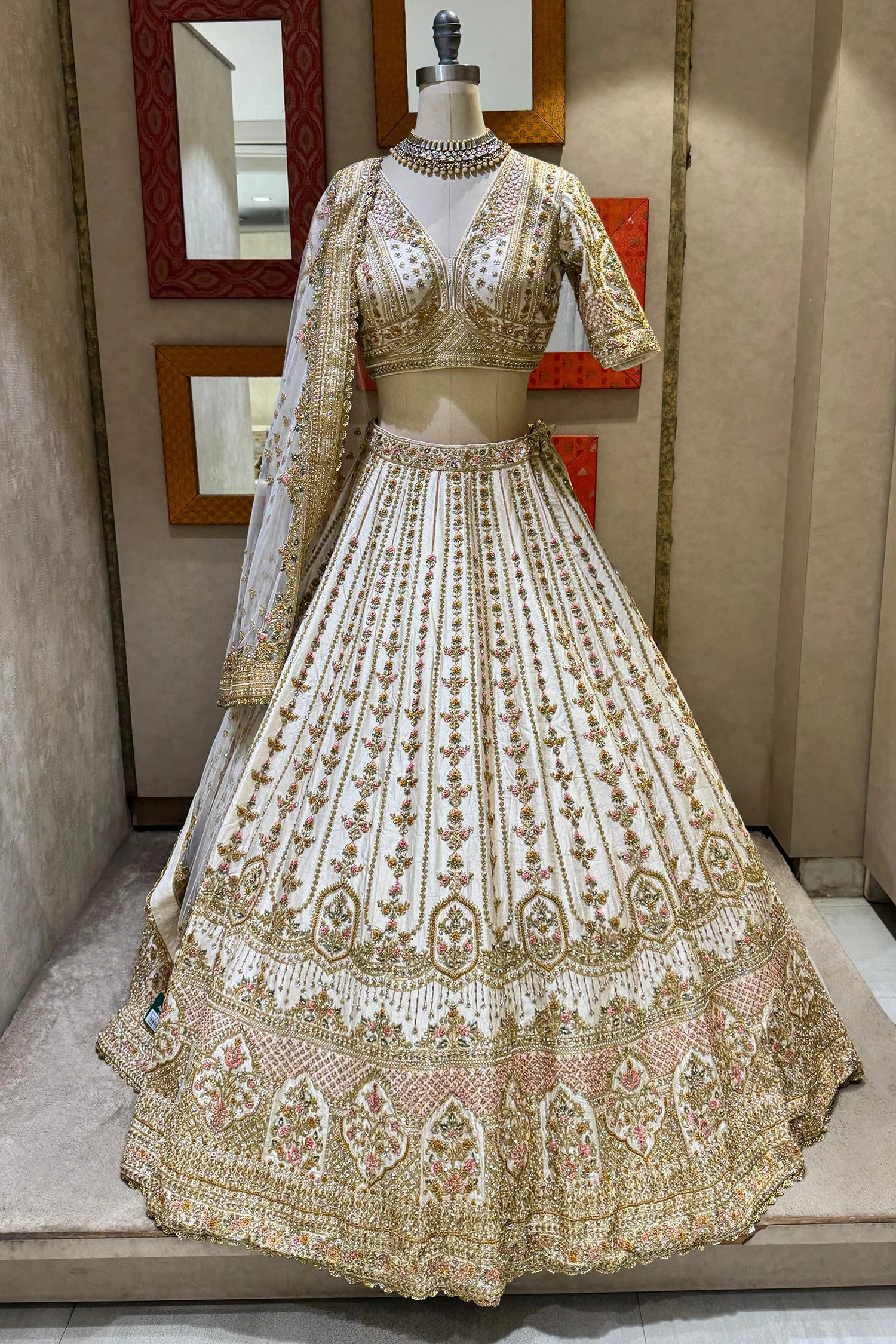 Off White Raw Silk Bridal Lehenga with Zardosi and Resham Work - Image 3