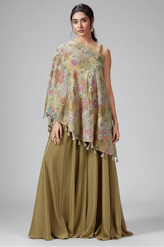 Olive Green Crepe Satin Silk Embroidered One Shoulder Asymmetrical Top Palazzo Set
