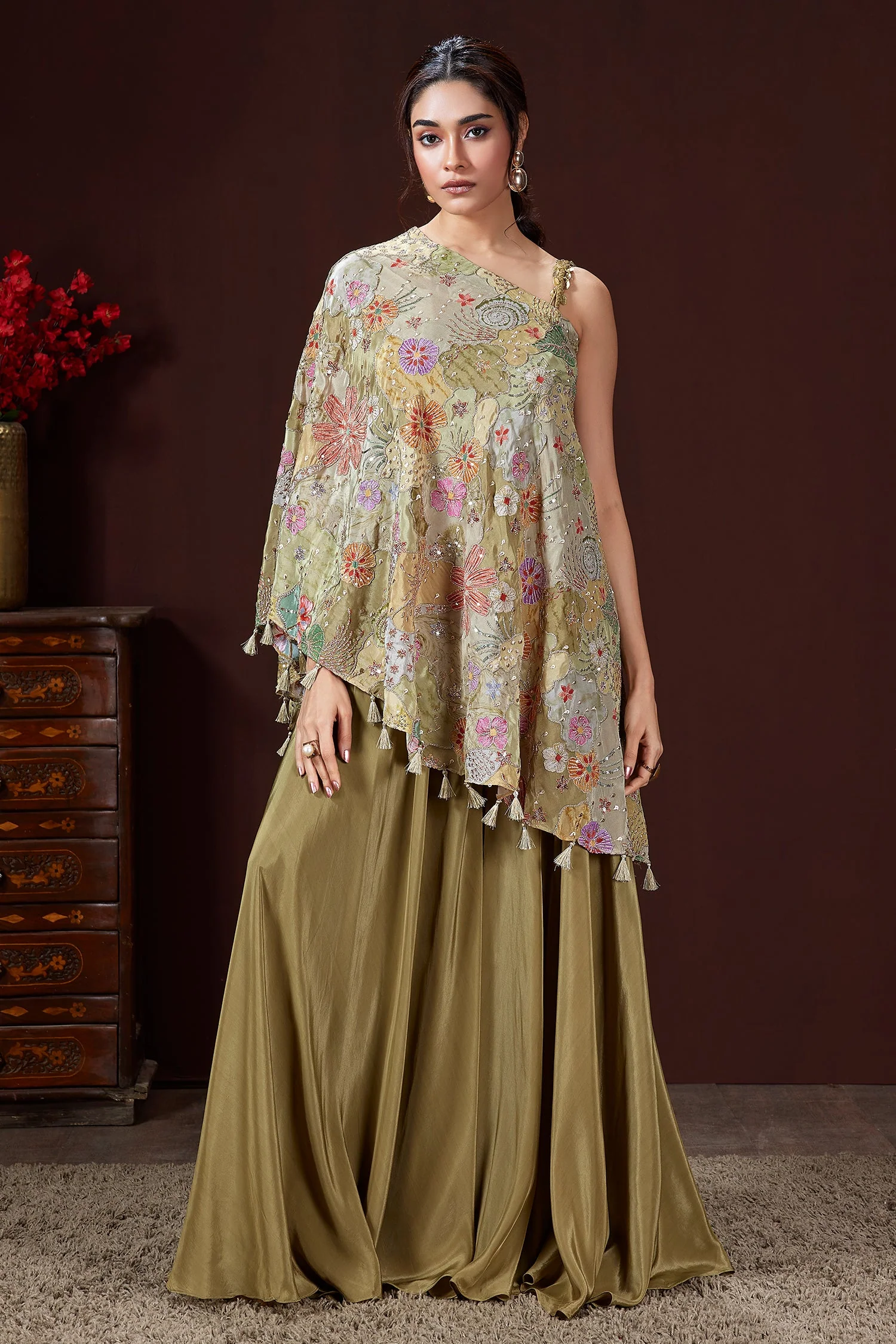 Olive Green Crepe Satin Silk Embroidered One Shoulder Asymmetrical Top Palazzo Set - Image 2