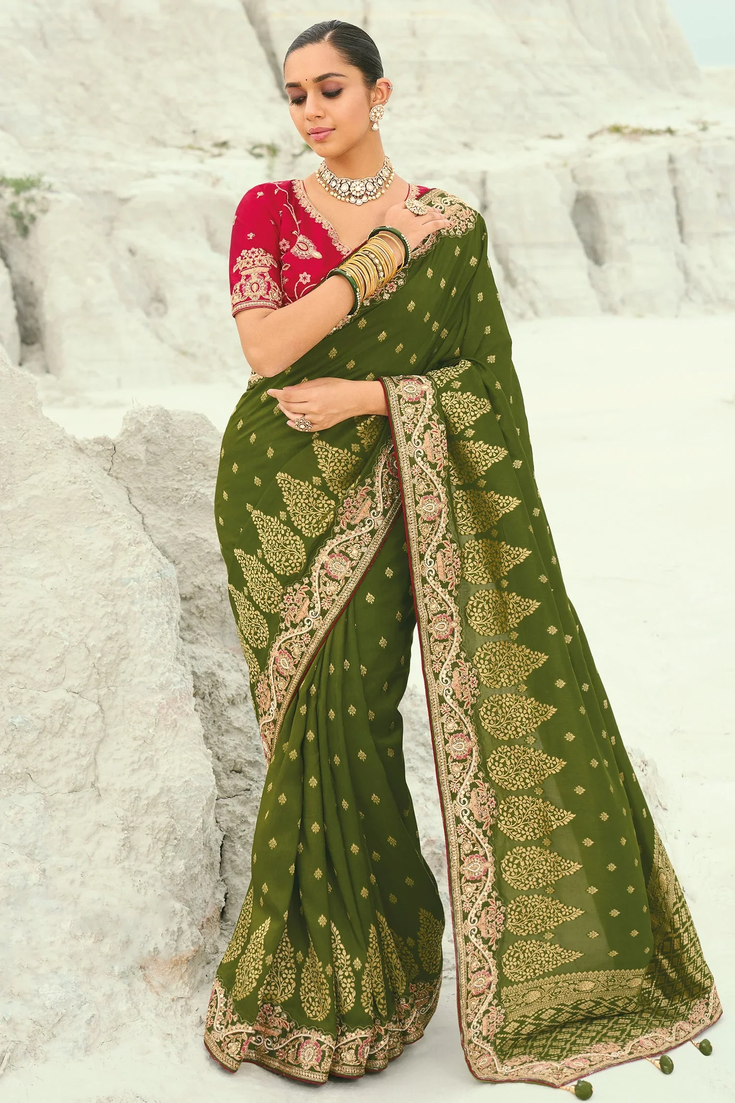 Olive Green Viscose Woven Saree with Embroidery Border - Image 2