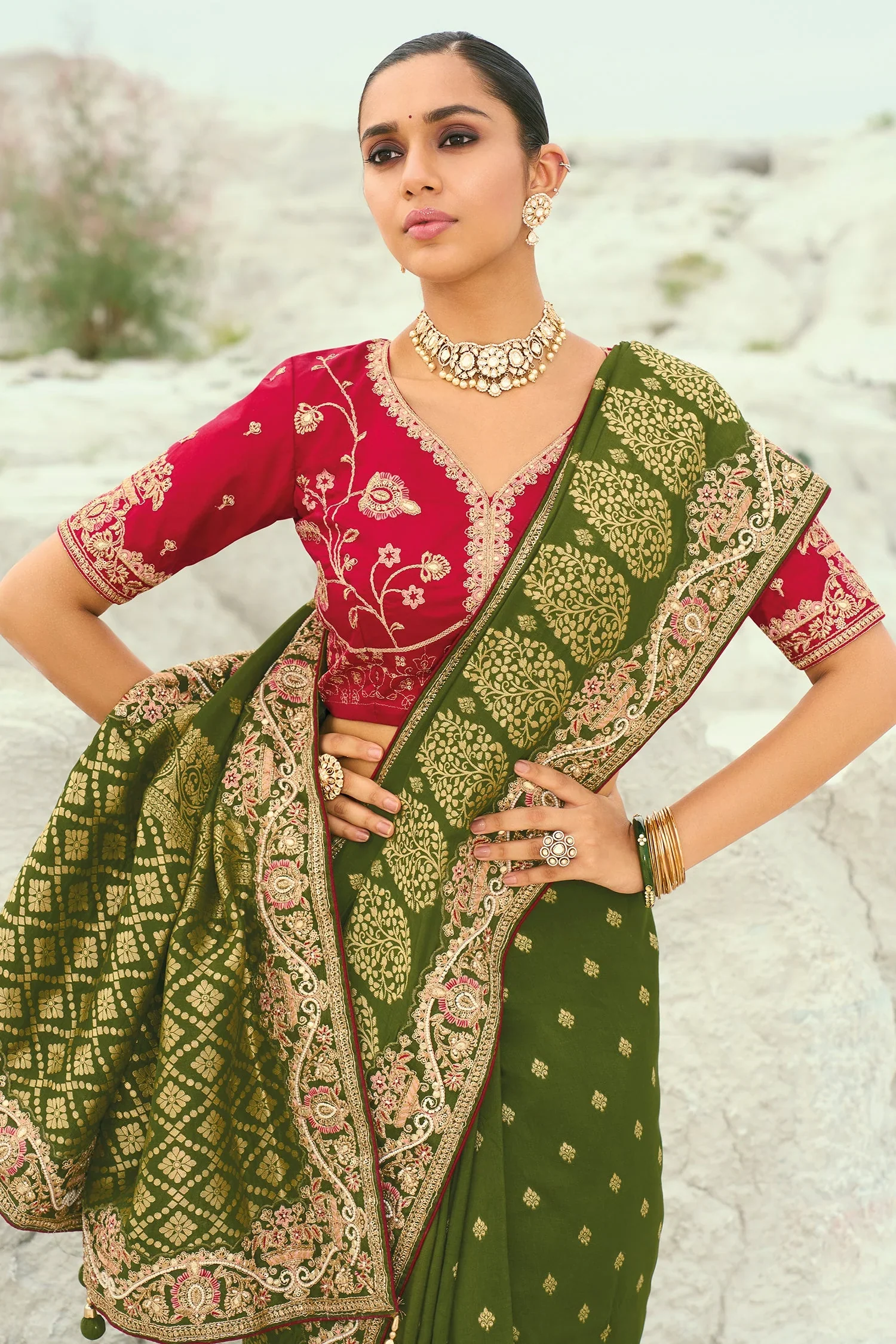 Olive Green Viscose Woven Saree with Embroidery Border - Image 3
