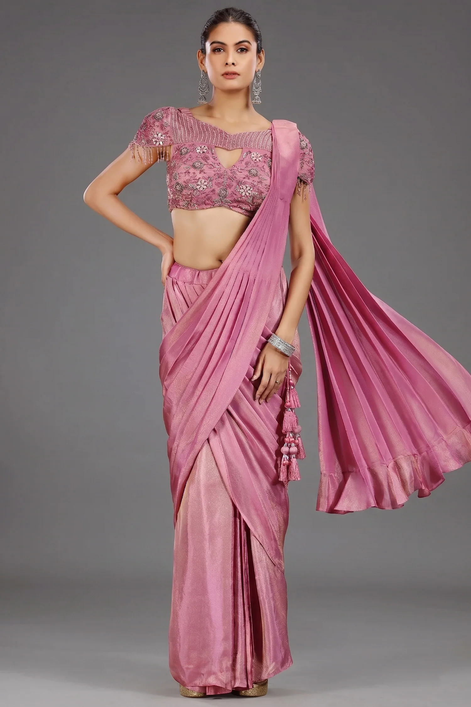 Onion Pink Tissue Shimmer Ready to Wear Saree