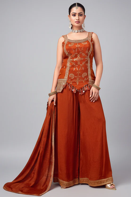 Orange Art Silk Woven Palazzo Suit