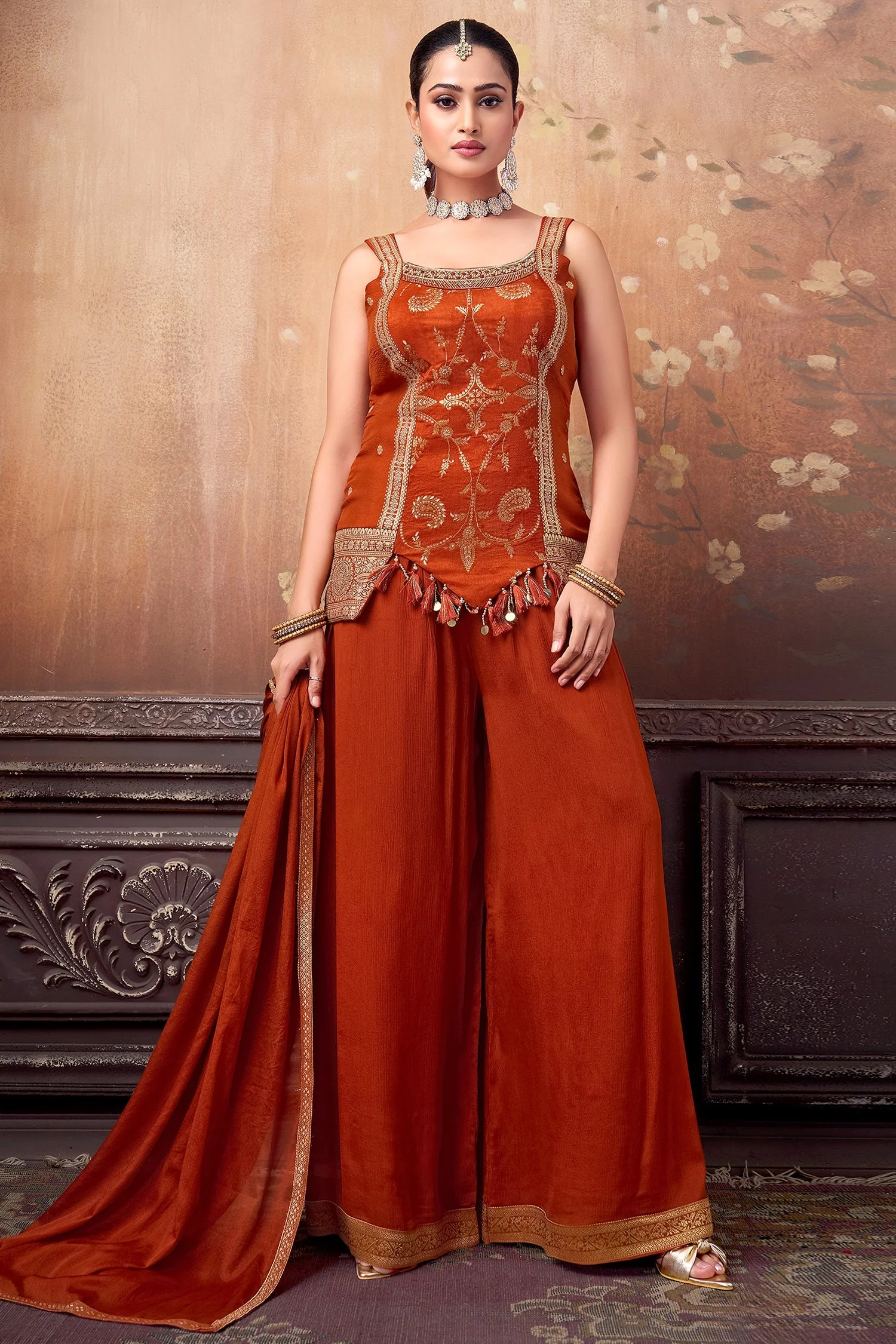 Orange Art Silk Woven Palazzo Suit - Image 2