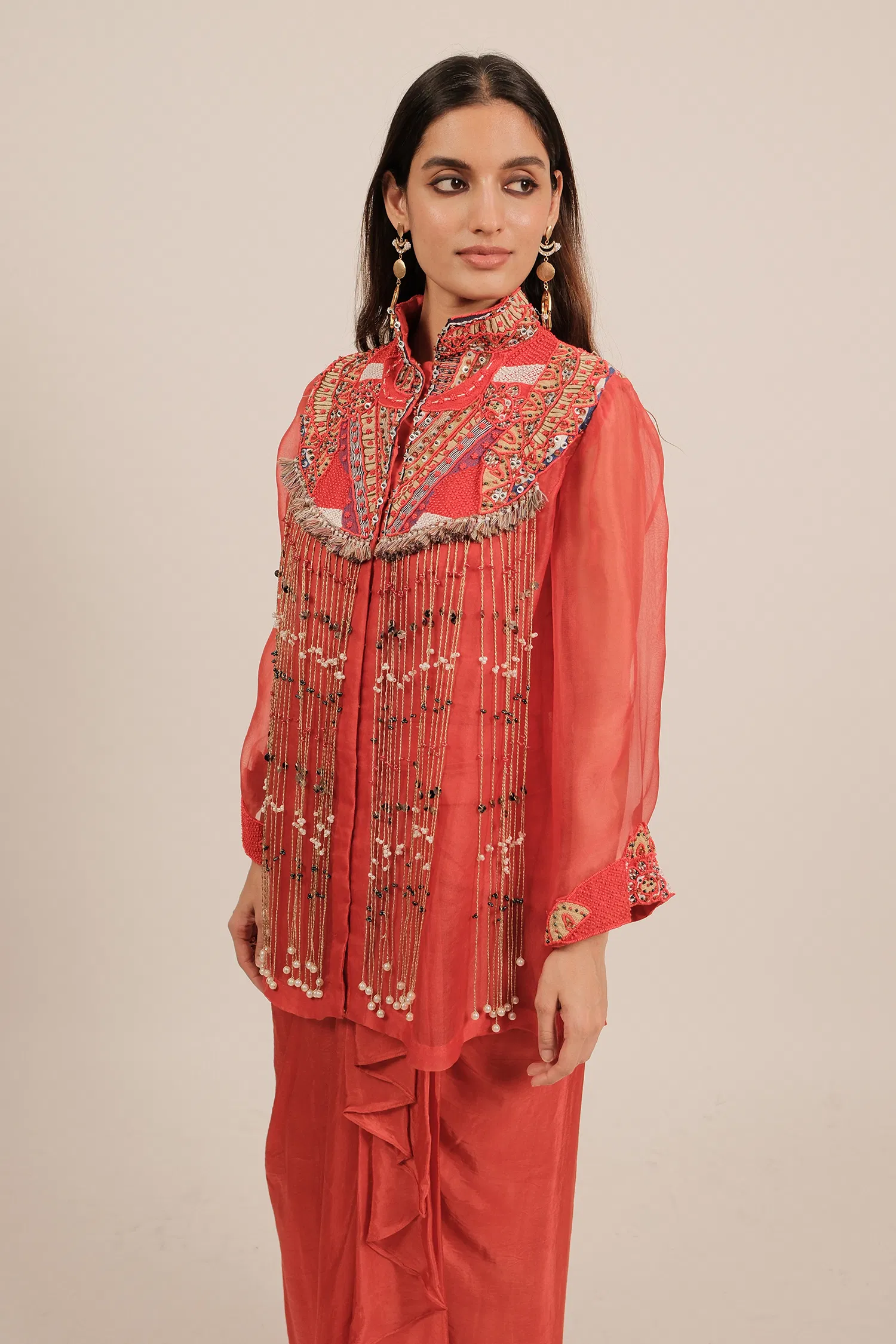 Orange Organza Intricate Embroidery Beaded Dangling Fringe Top with Pleated Skirt - Image 3