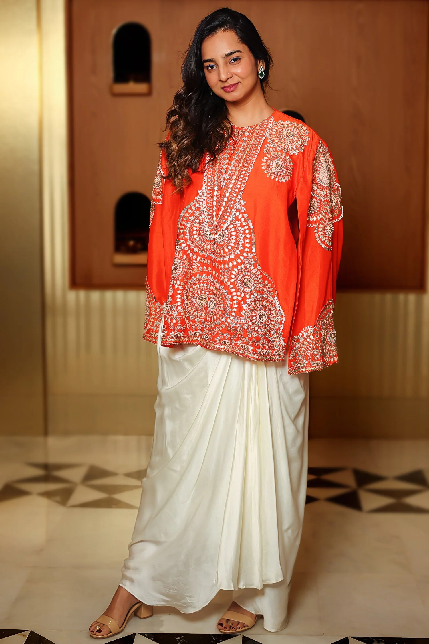 Orange Raw Silk Beaded and Gota Work Cape Top and Dhoti Skirt Set - Image 2