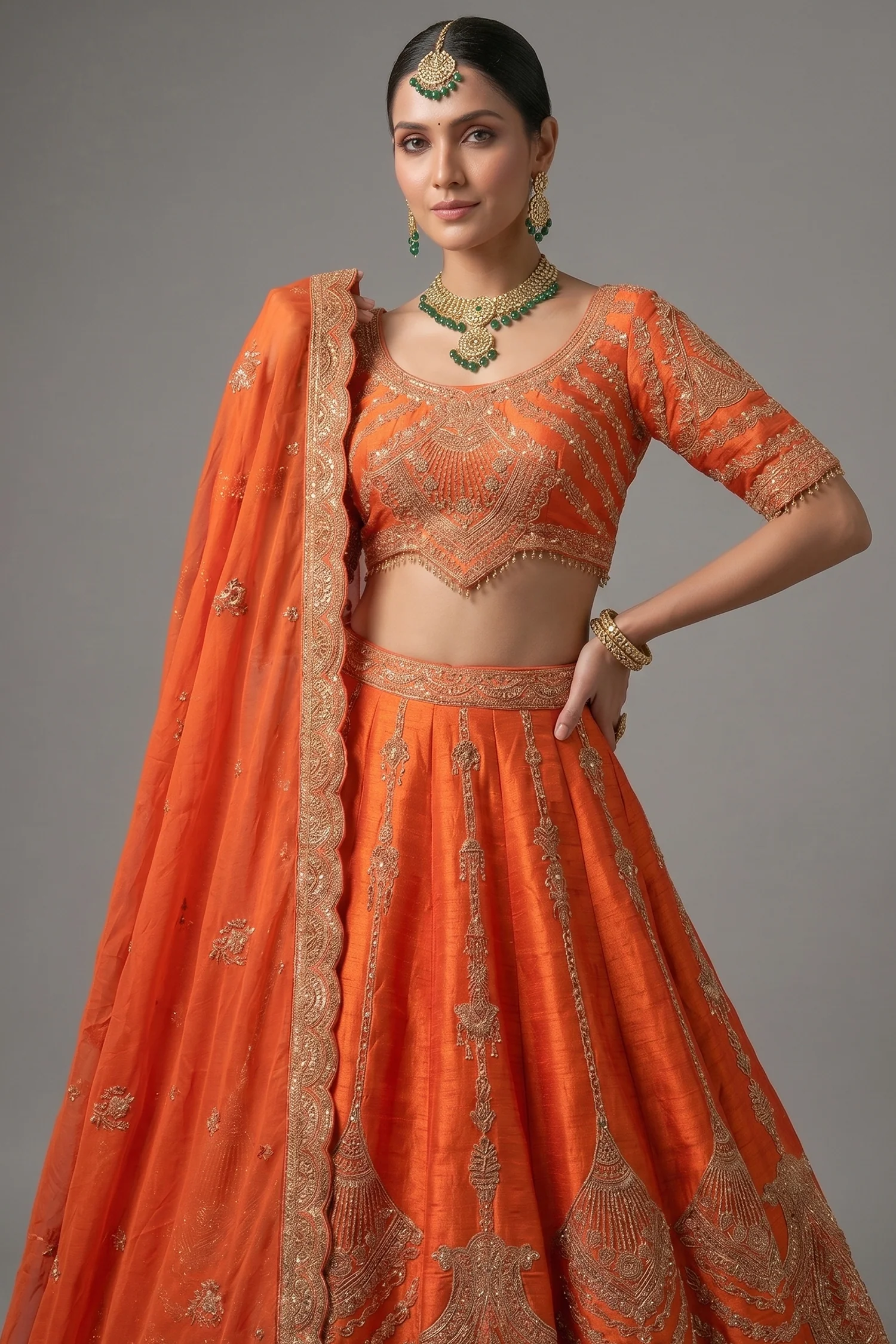 Orange Raw Silk Sequin Beaded Lehenga with Double Dupatta - Image 2