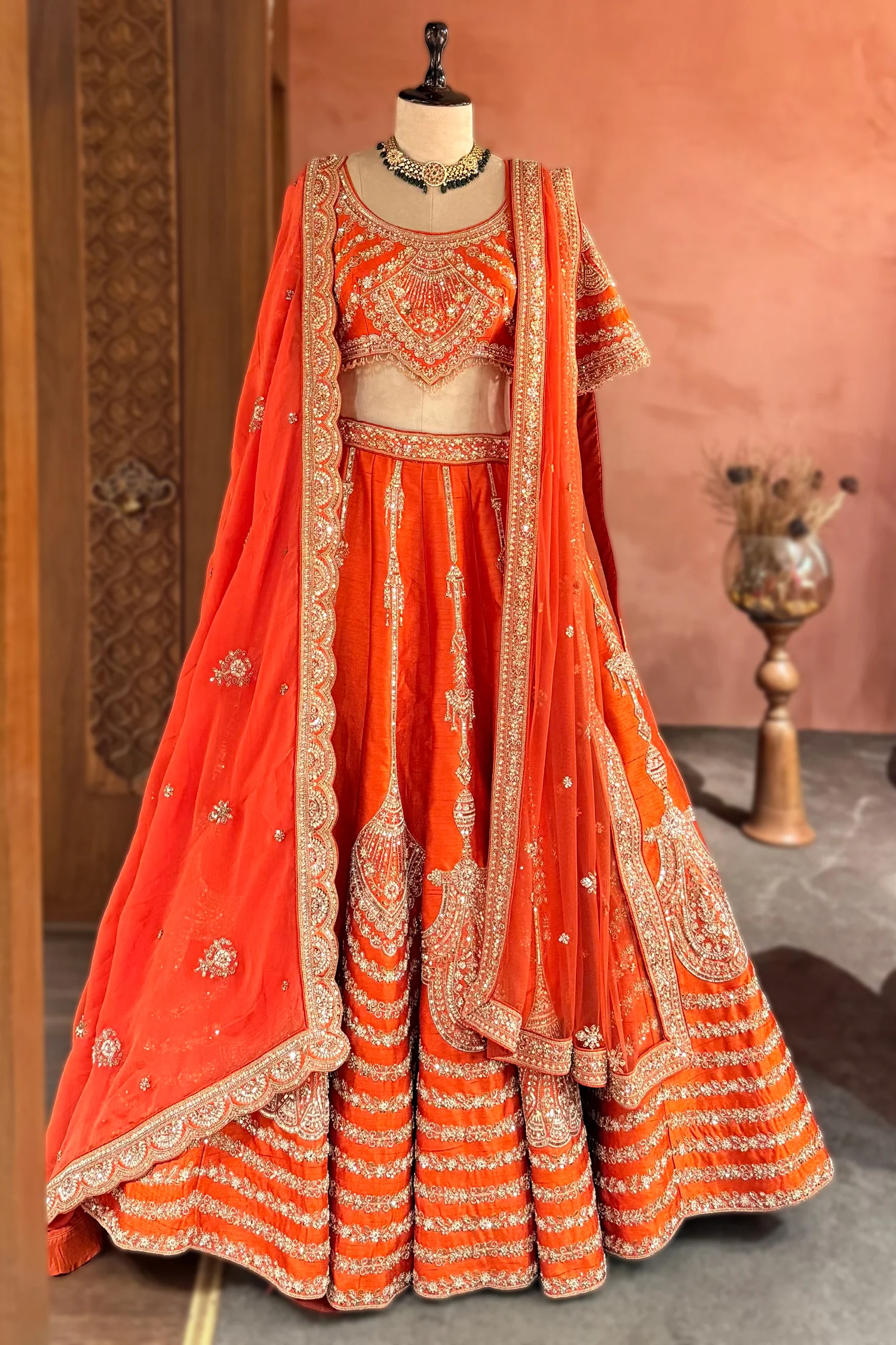 Orange Raw Silk Sequin Beaded Lehenga with Double Dupatta - Image 3
