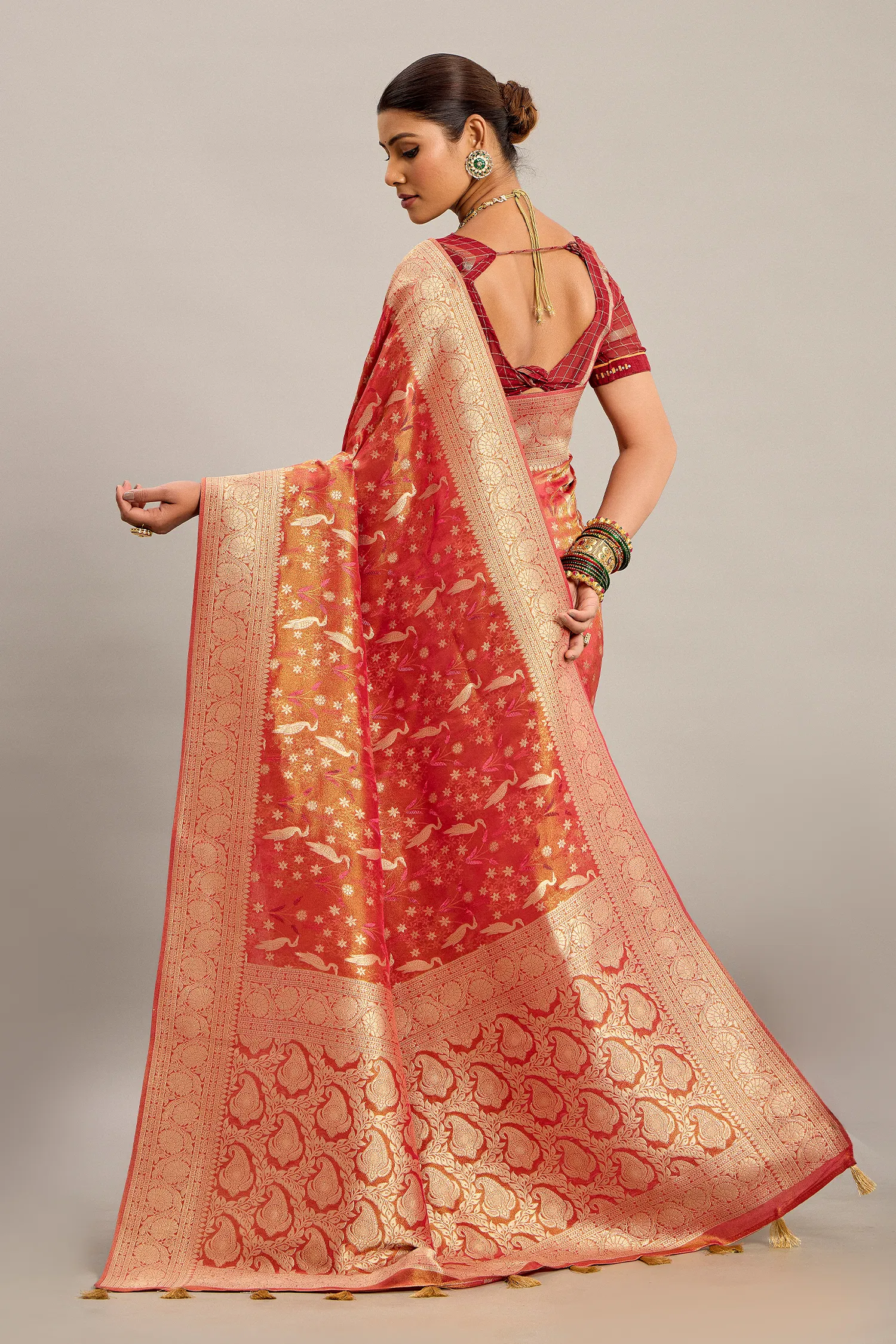Orange Tissue Bird Motifs Zari Woven Traditional Saree with Paisley Pallu and Pink Highlights - Image 3