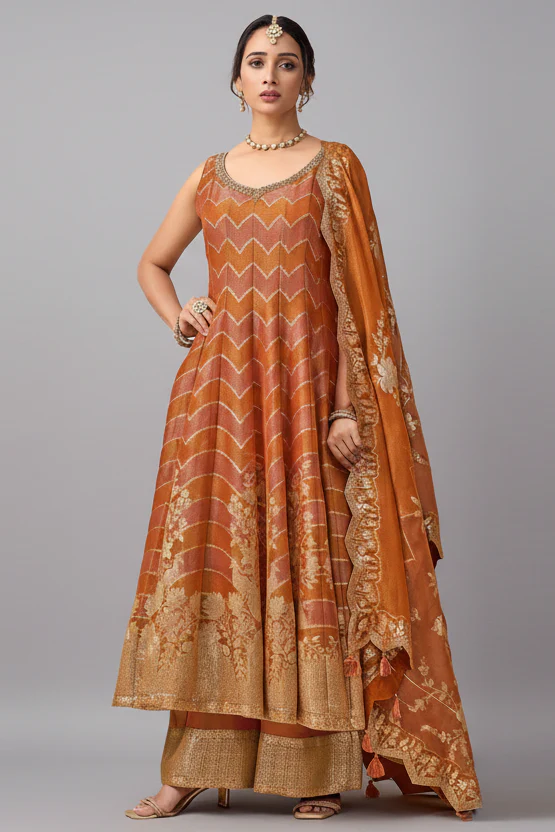 Orange Tissue Floral Woven Anakrali Palazzo Suit