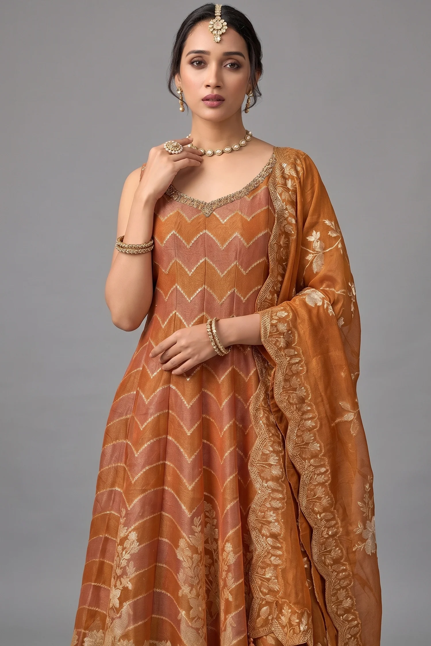 Orange Tissue Floral Woven Anakrali Palazzo Suit - Image 2