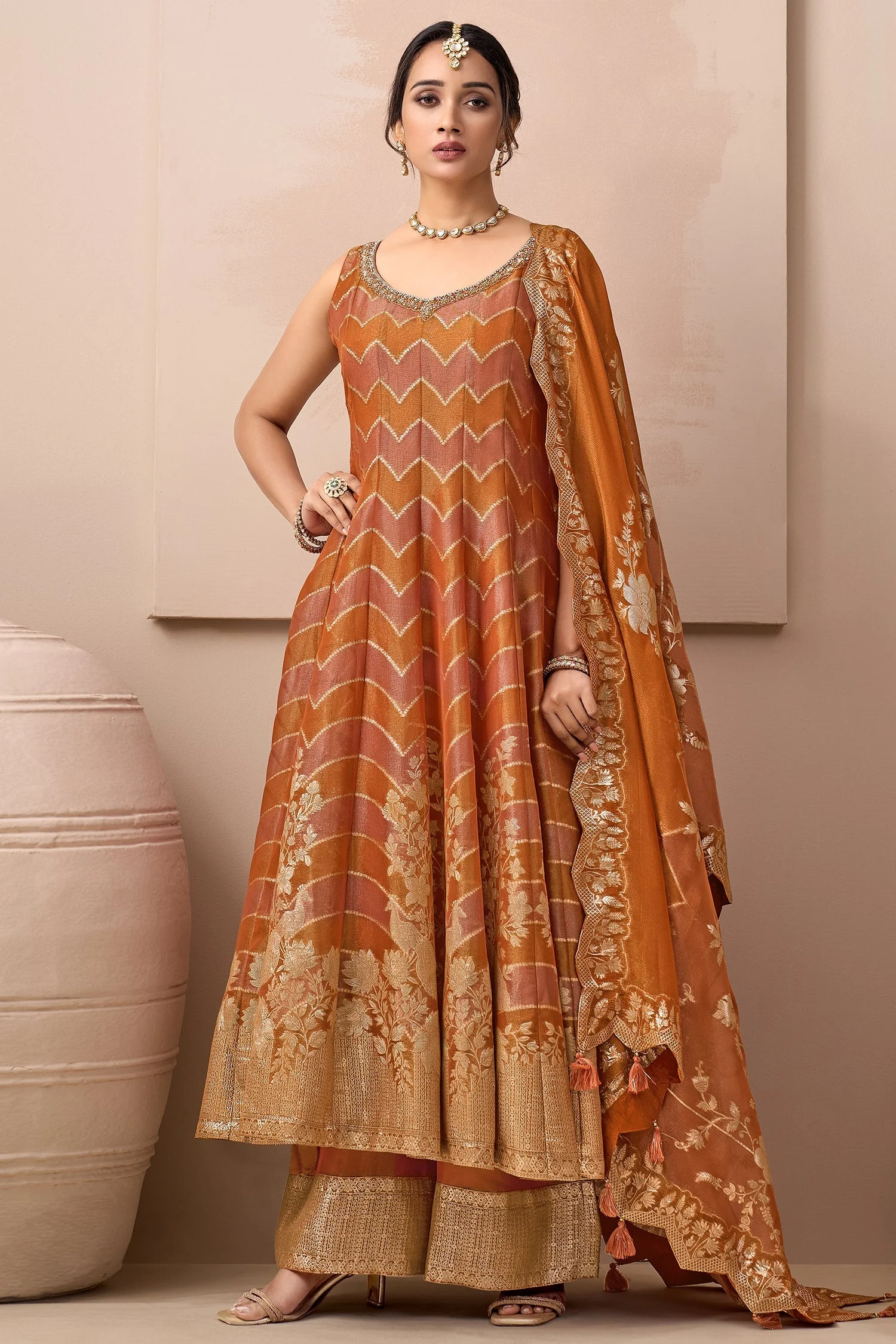 Orange Tissue Floral Woven Anakrali Palazzo Suit - Image 3