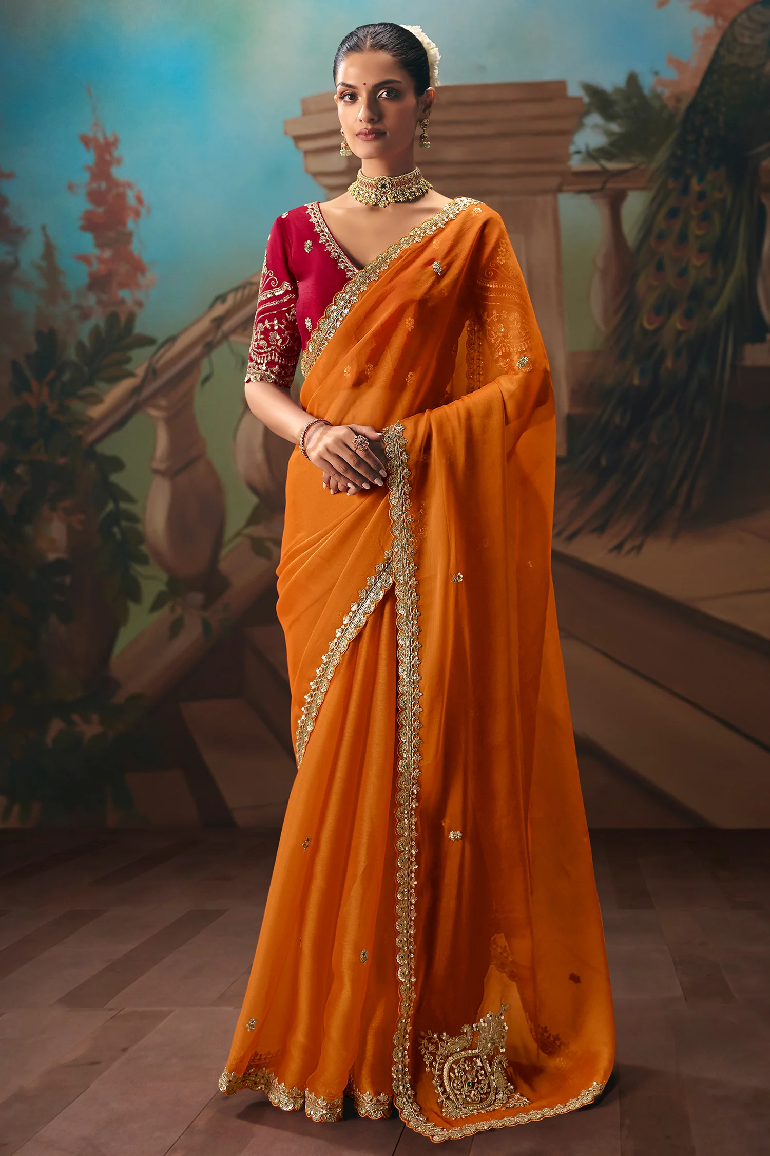 Orange Viscose Chiffon Saree With Embroidered Border And Sequin Work - Image 3