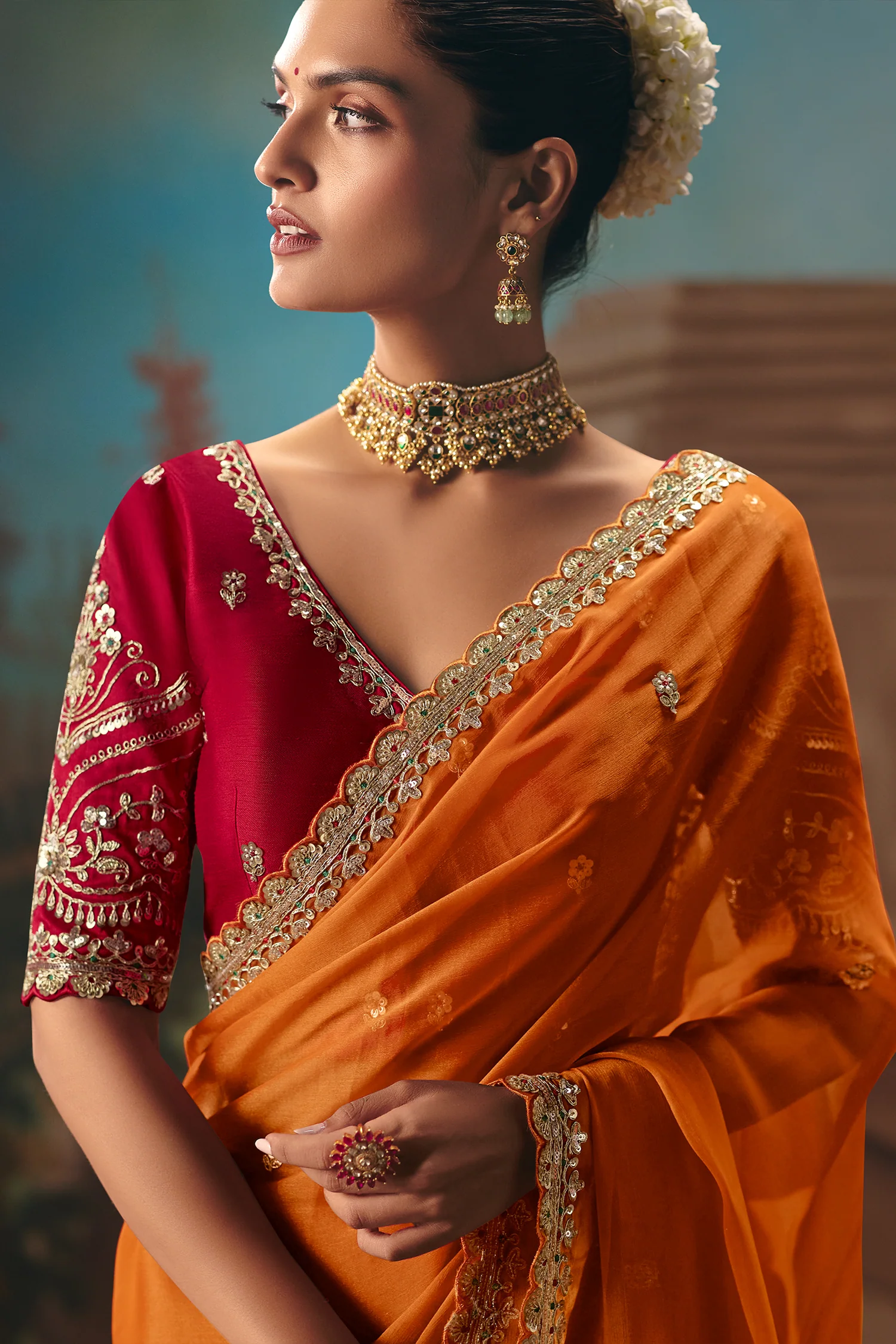 Orange Viscose Chiffon Saree With Embroidered Border And Sequin Work - Image 4