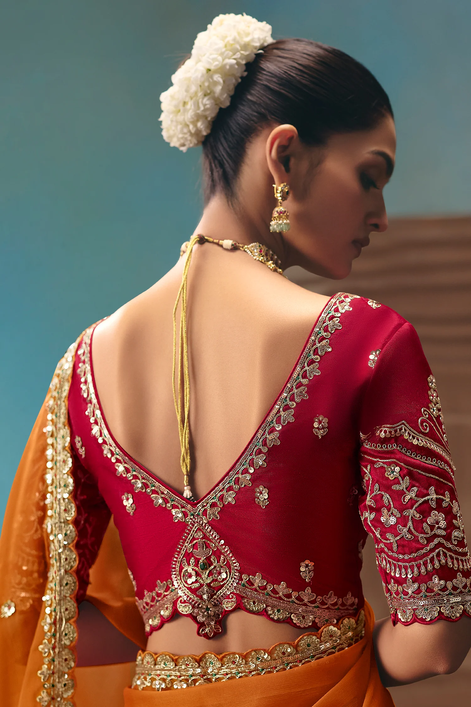 Orange Viscose Chiffon Saree With Embroidered Border And Sequin Work - Image 5