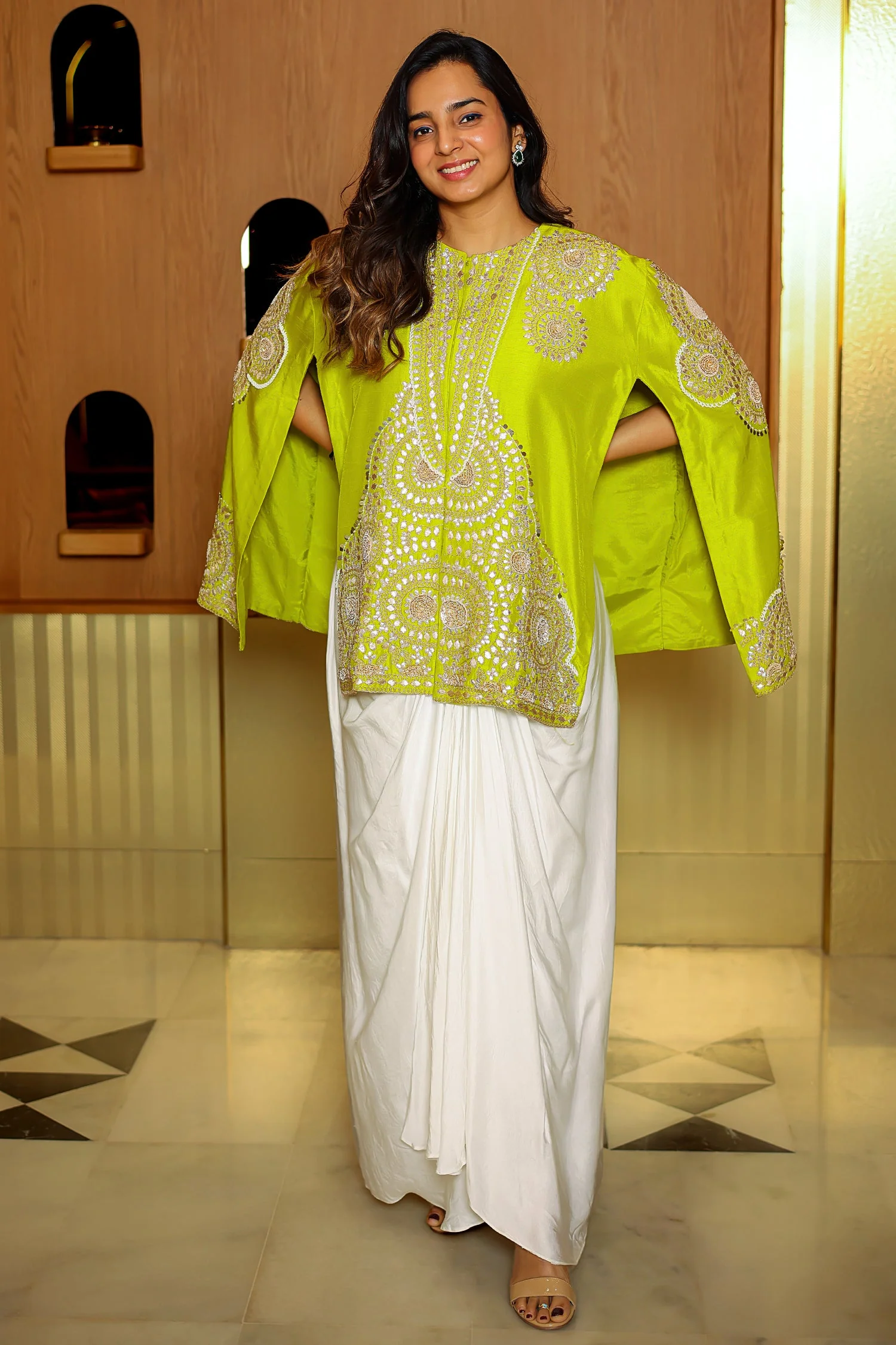Parrot Green Raw Silk Beaded and Gota Work Cape Top and Dhoti Skirt Set - Image 2