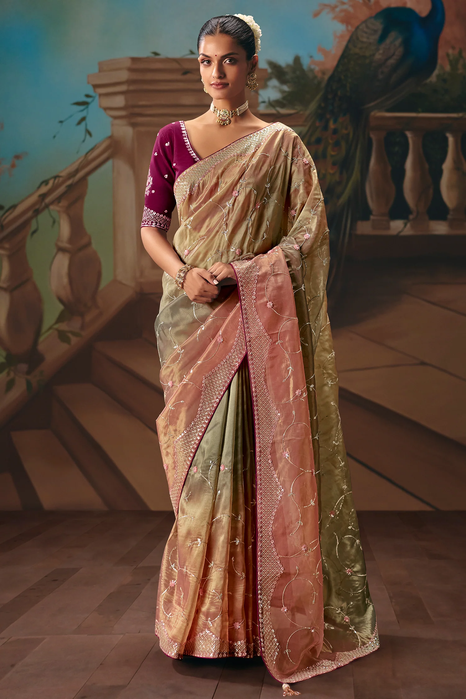 Peach Gold Viscose Chiffon Saree With Heavy Zari And Thread Embroidery - Image 3