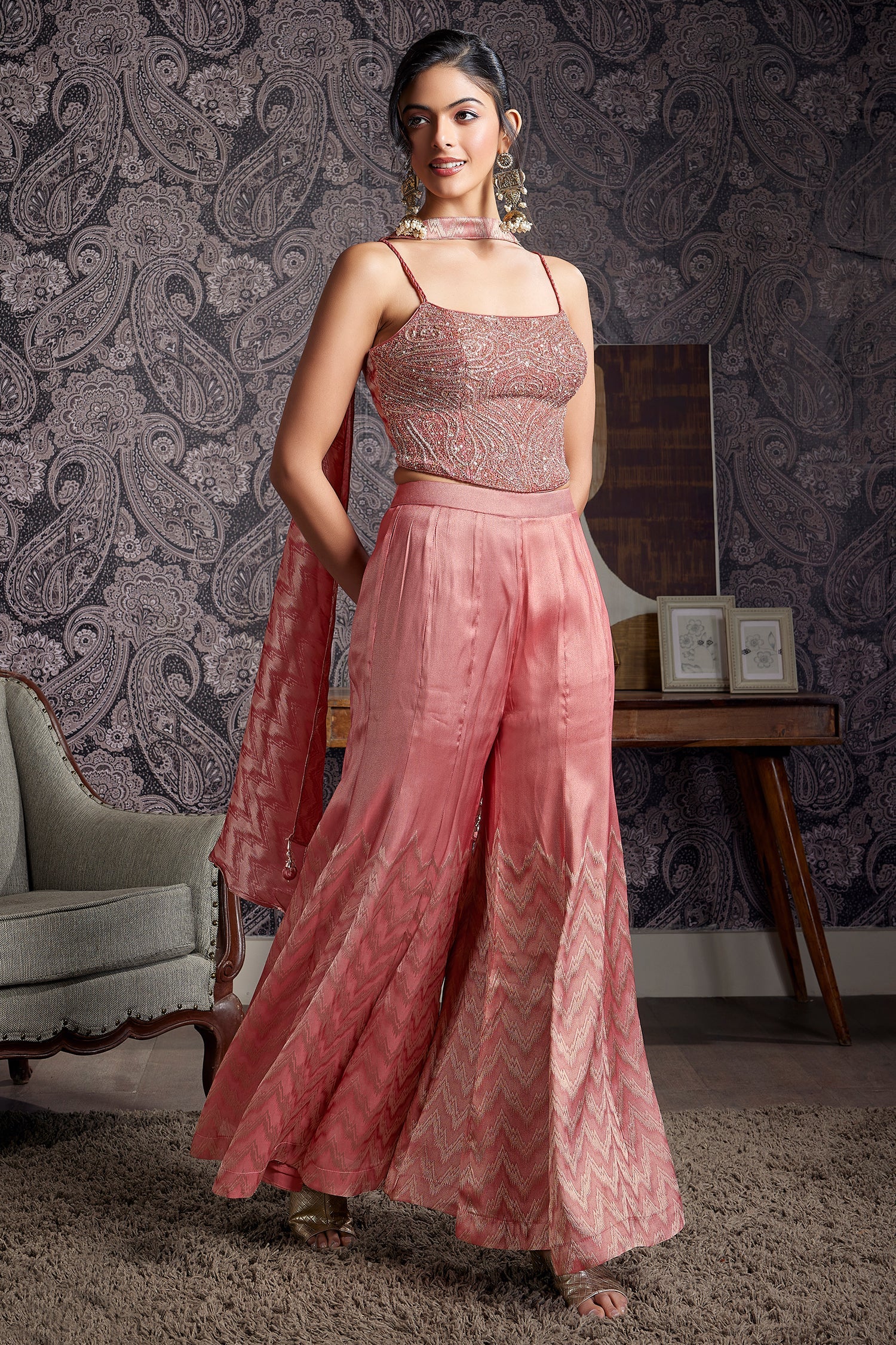 Peach Satin Georgette Silk Sequin Cutdana Crop Top Palazzo Set - Image 2