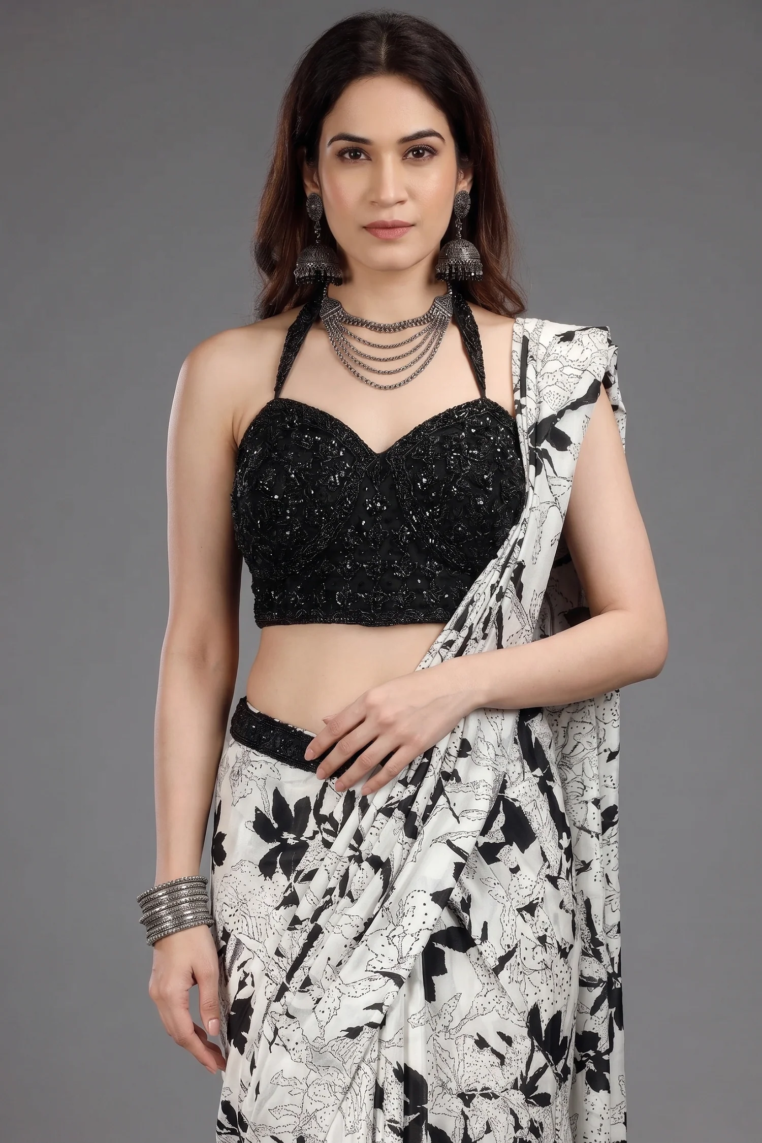 Pearl White Crepe Silk Printed Readymade Saree with Embellished Blouse - Image 2
