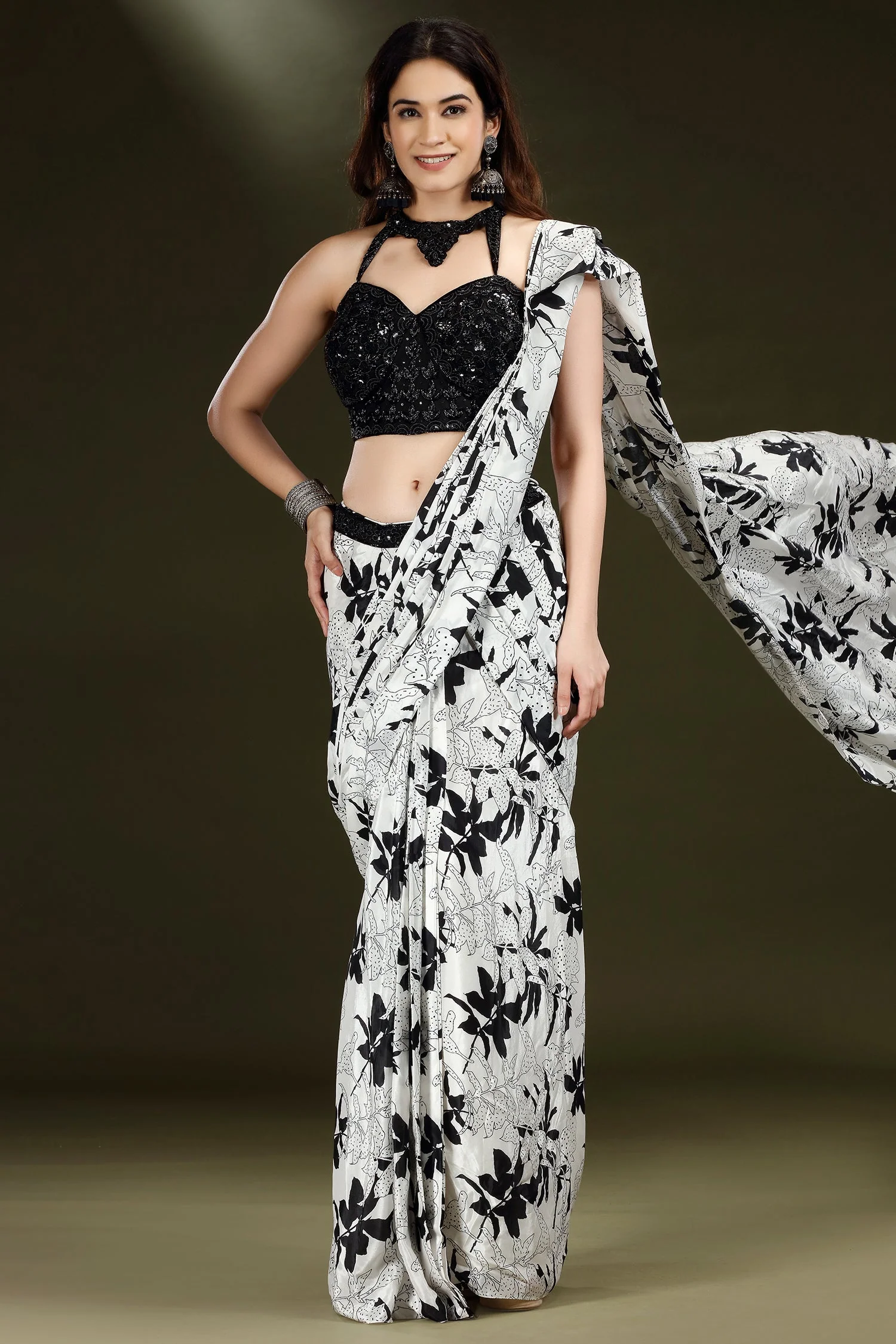 Pearl White Crepe Silk Printed Readymade Saree with Embellished Blouse - Image 3