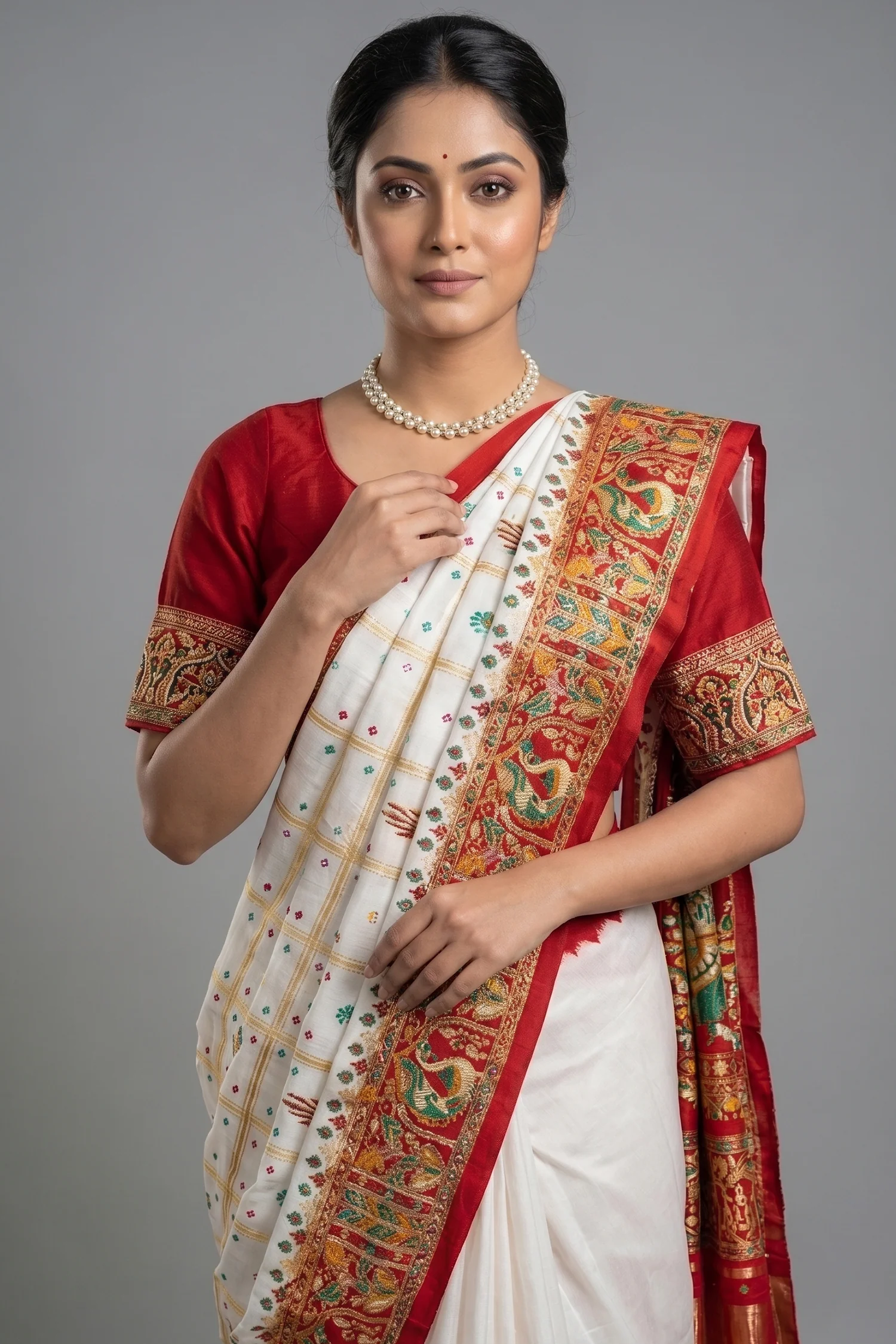 Pearl White Gaji Silk Bridal Panetar Saree with Embroidery - Image 2