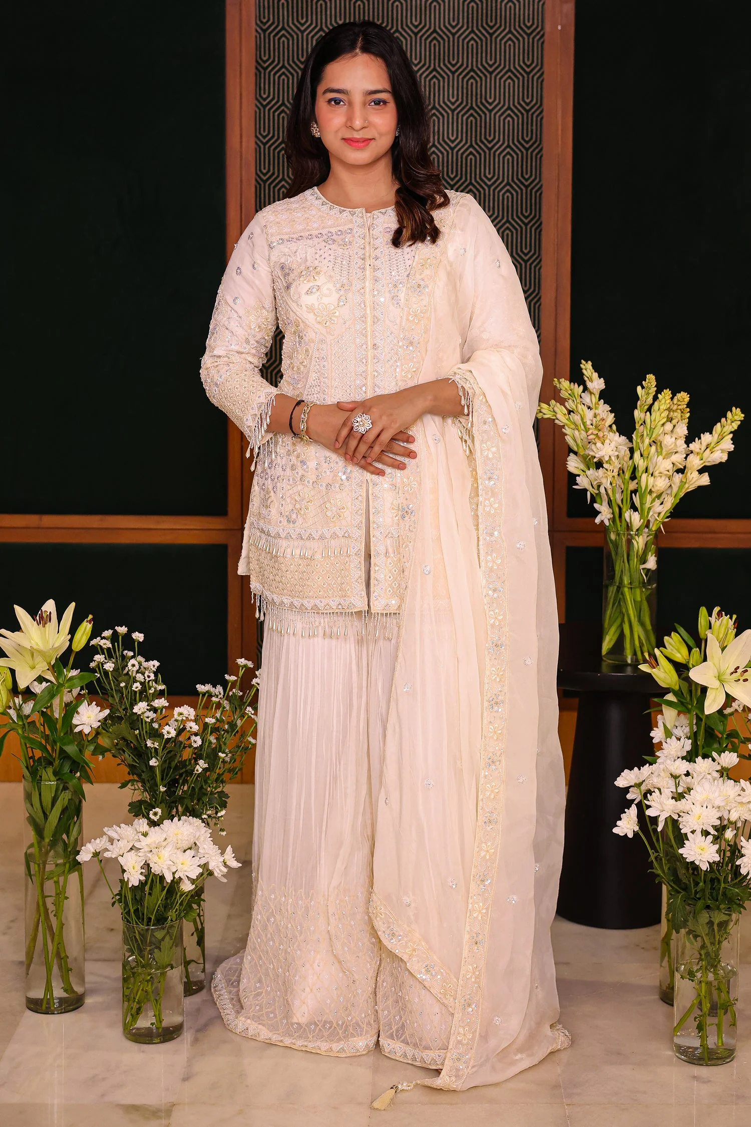 Pearl White Organza Sequinned and Beaded Work Sharara Set - Image 2