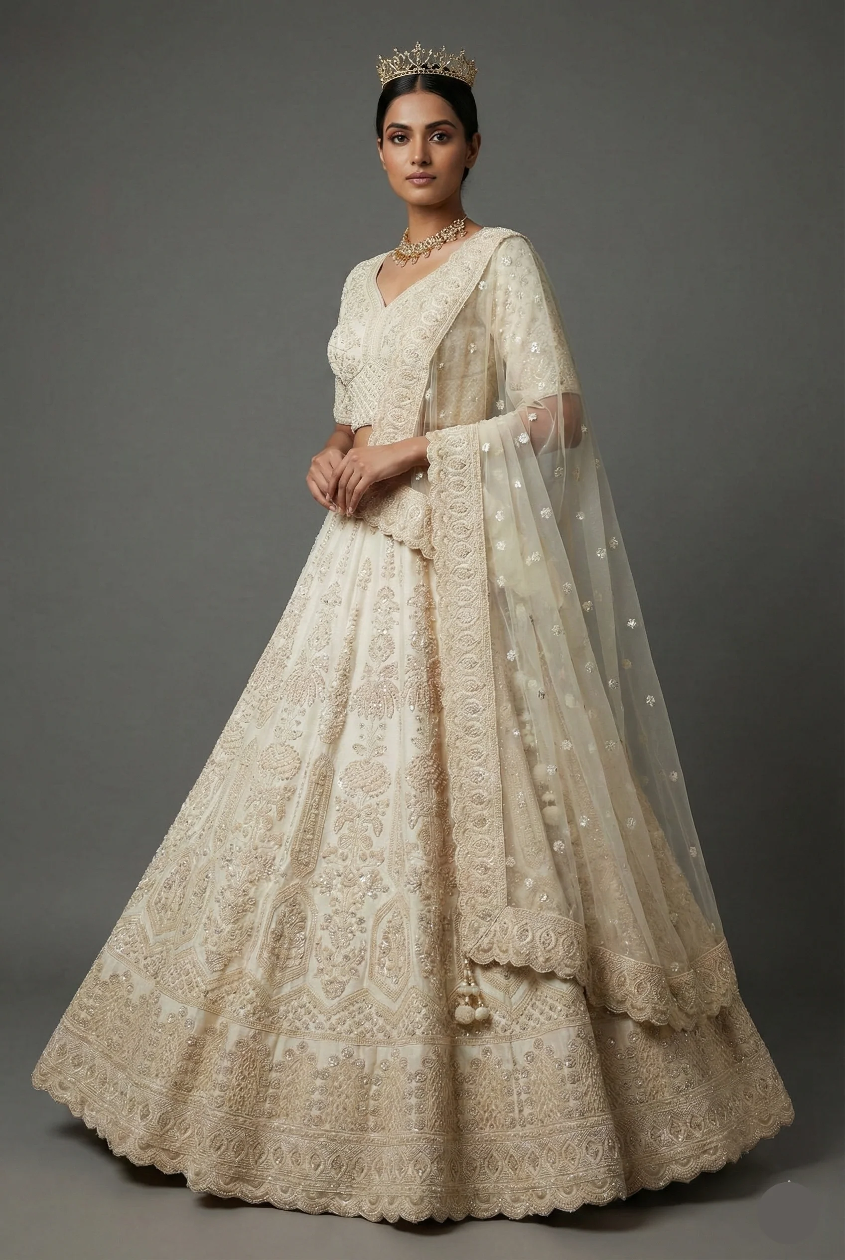 Pearl White Raw Silk Embellished Beads and Cutdana Worked lehenga