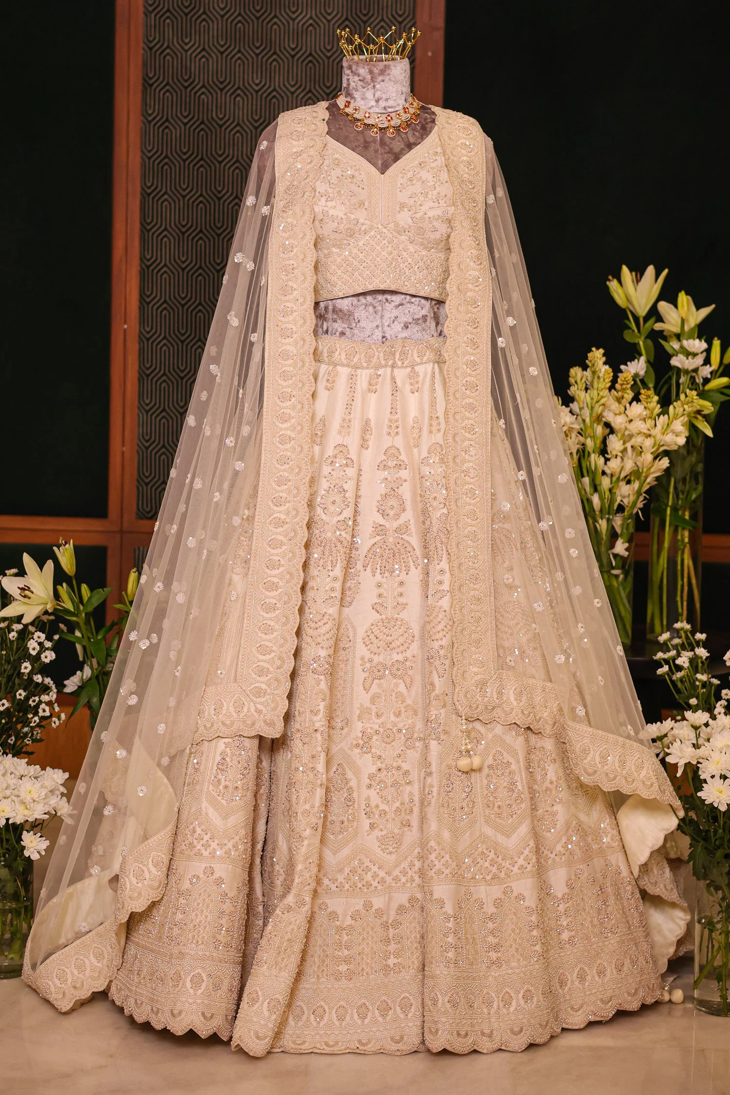 Pearl White Raw Silk Embellished Beads and Cutdana Worked lehenga - Image 3