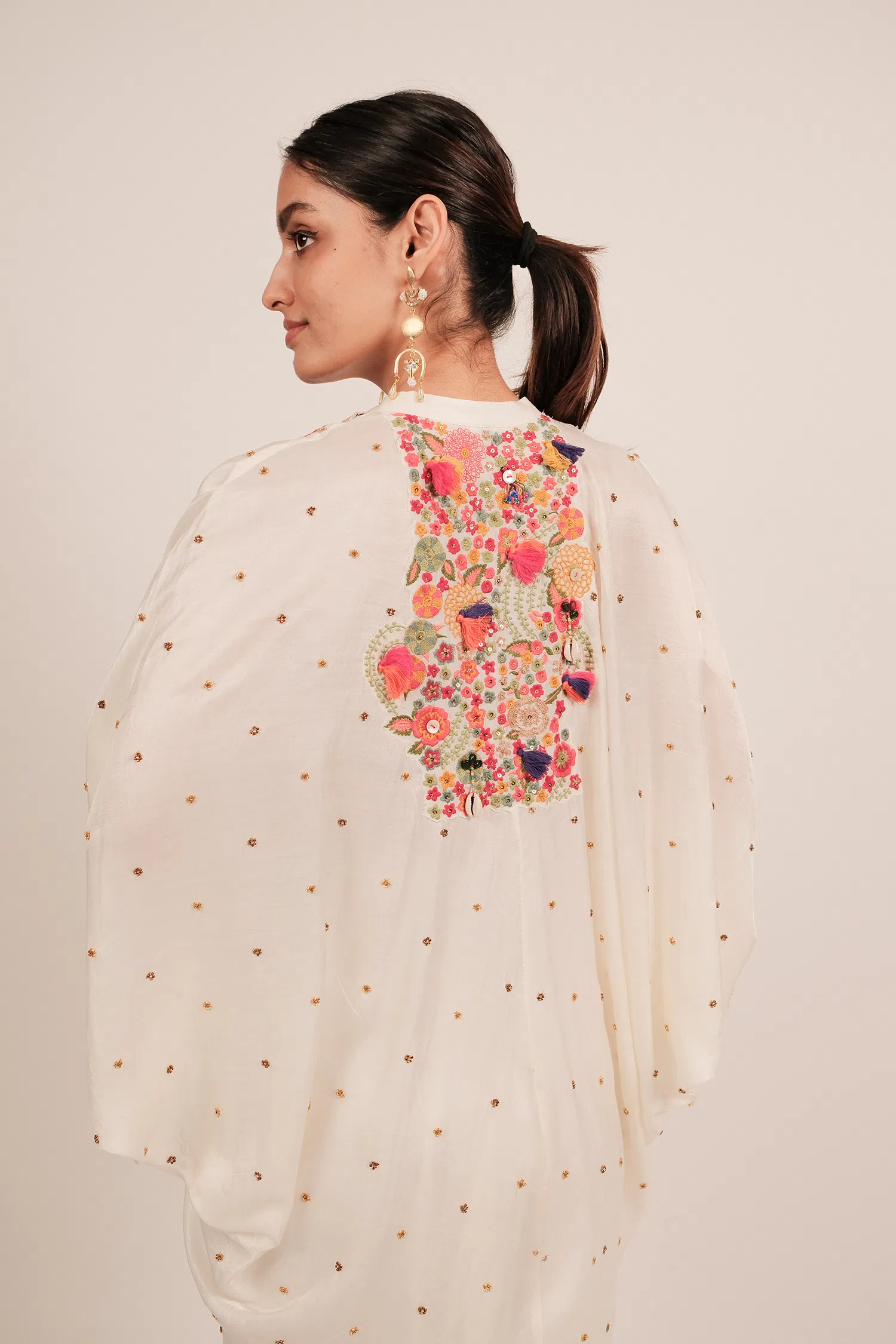 Pearl White Silk Intricate Thread Embroidery Kaftan Style Top - Image 4