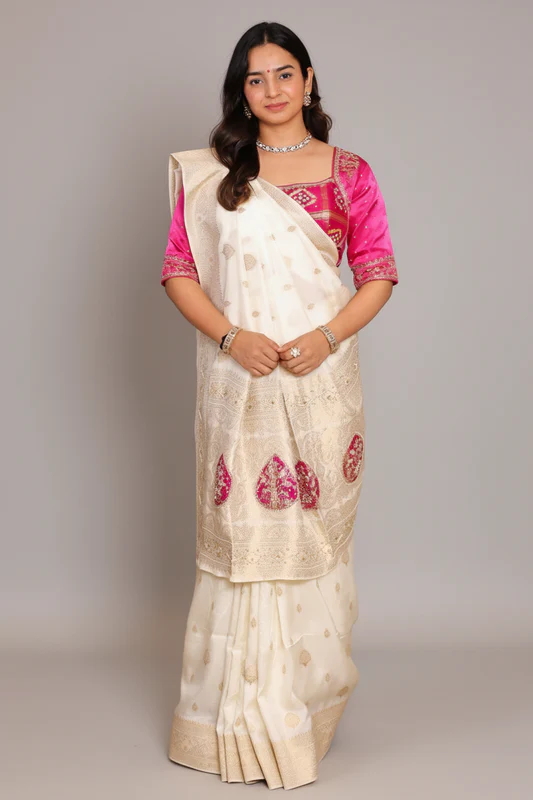 Pearl Whtie Dola Silk Woven Saree with Bead Cutdana Work and Readymade Blouse