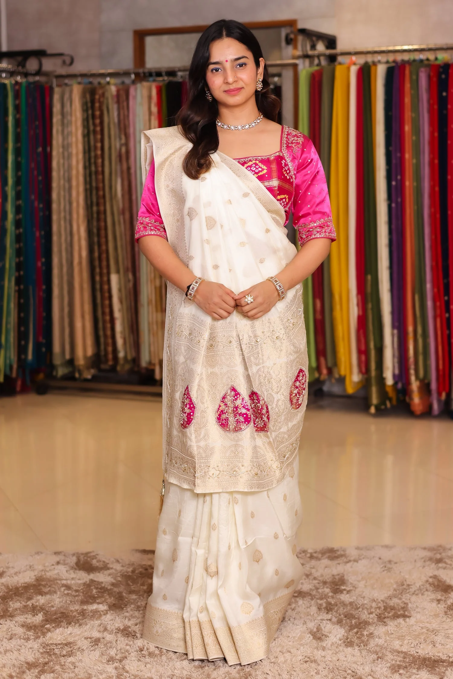 Pearl Whtie Dola Silk Woven Saree with Bead Cutdana Work and Readymade Blouse - Image 2