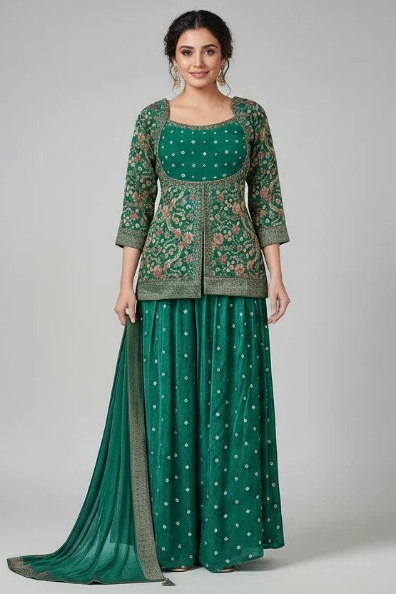 Pine Green Chinon Georgette Floral Woven Palazzo Suit