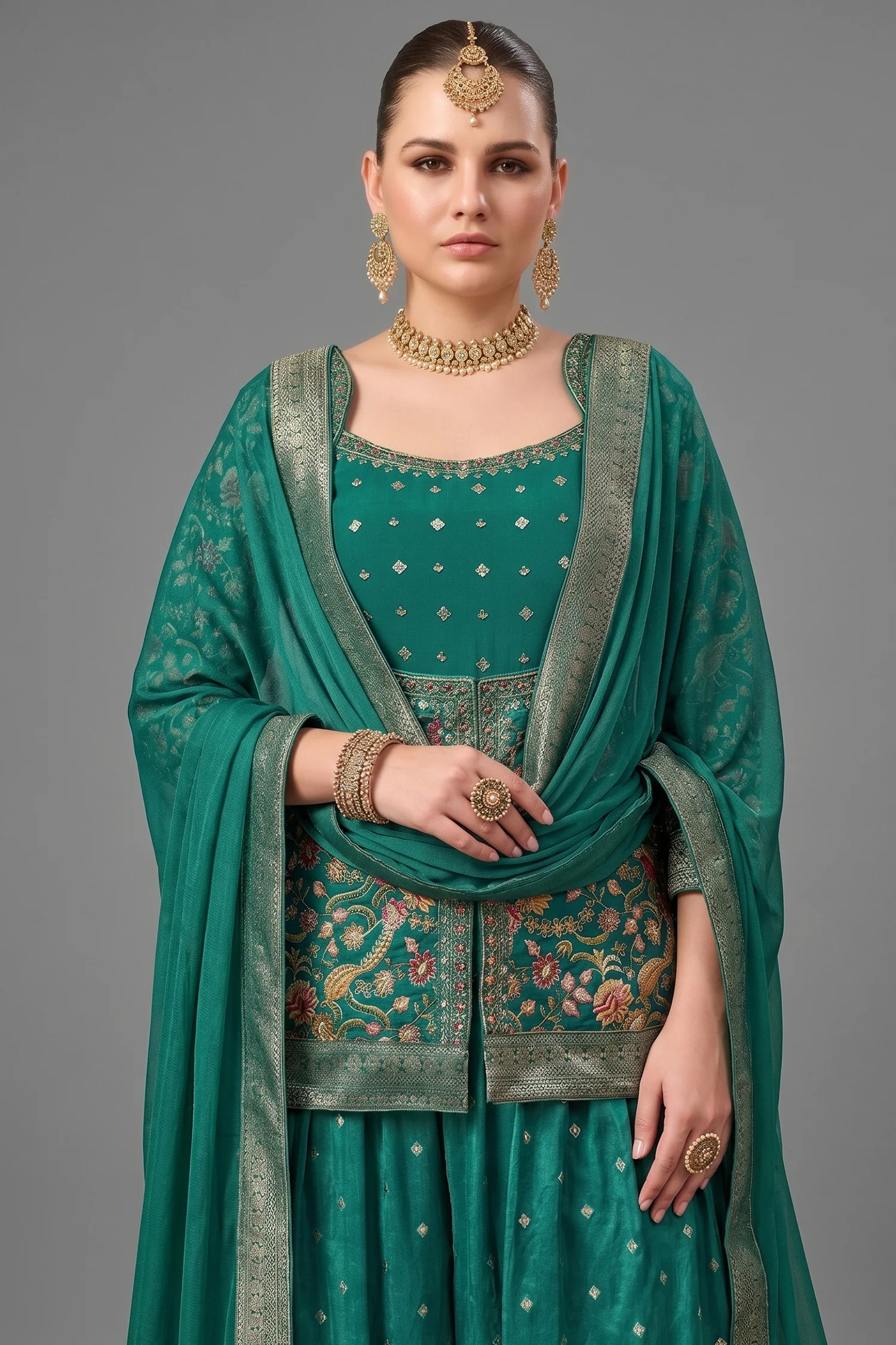 Pine Green Chinon Georgette Floral Woven Palazzo Suit - Image 2