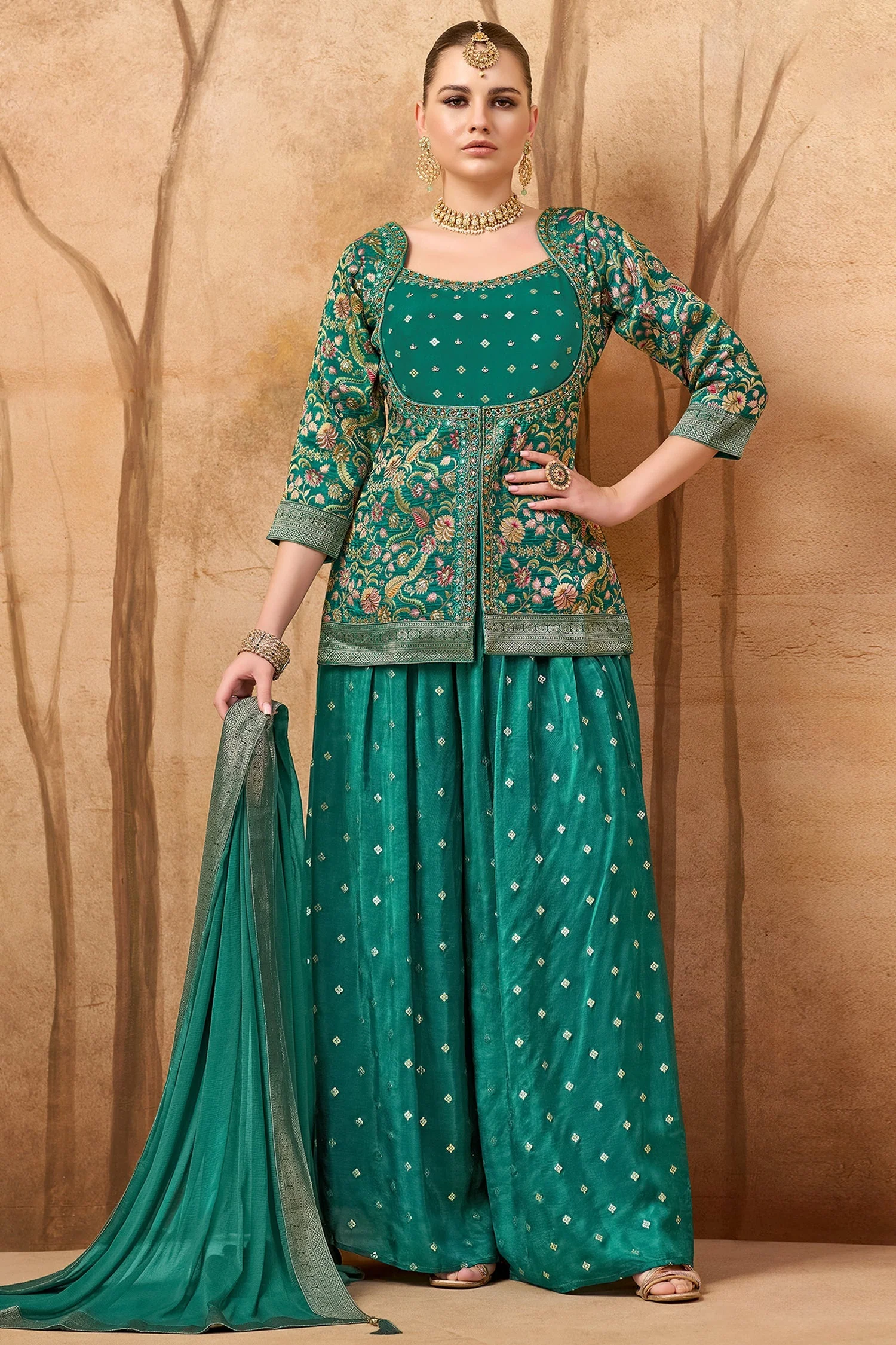 Pine Green Chinon Georgette Floral Woven Palazzo Suit - Image 3