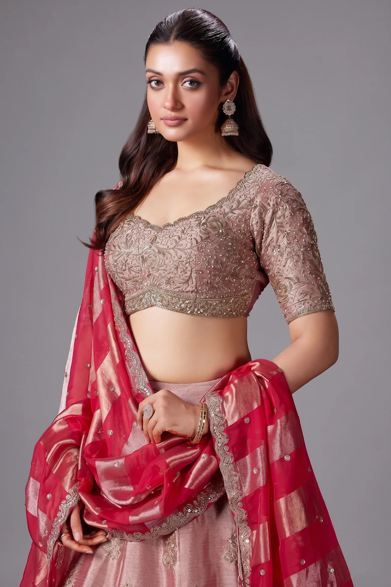 Pink and Peach Ombre Tissue Silk Zardosi Worked Lehenga - Image 2