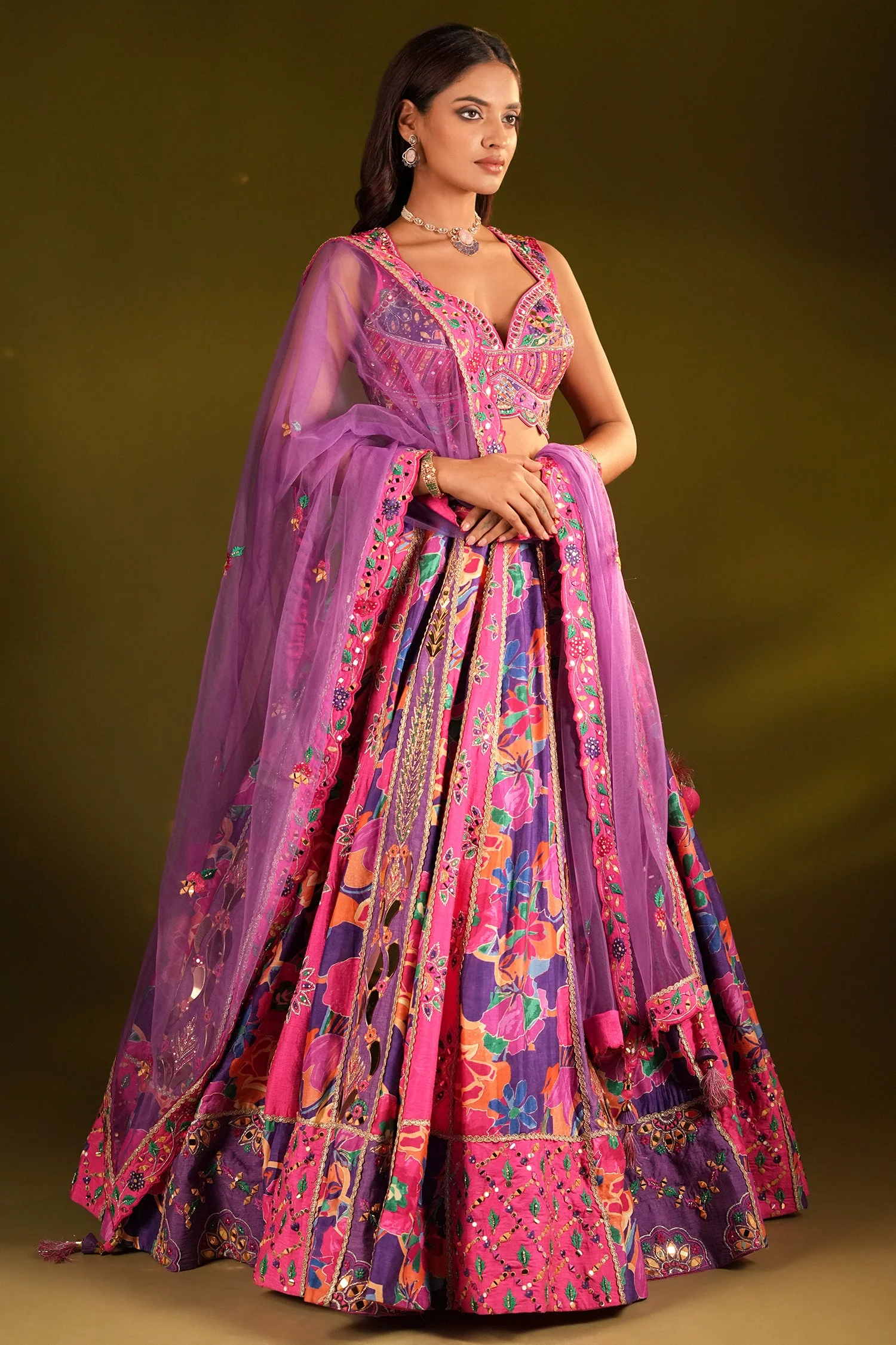Pink and Purple Silk Floral Printed Designer Lehenga with Mirror Work - Image 3
