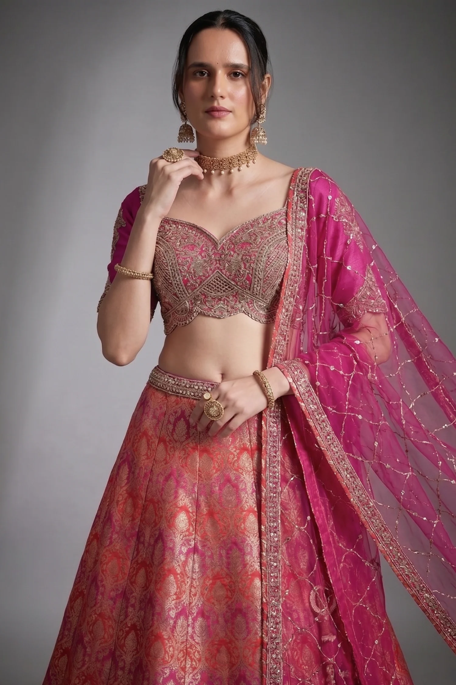 Pink and Red Banarasi Silk All Over Woven Lehenga - Image 2